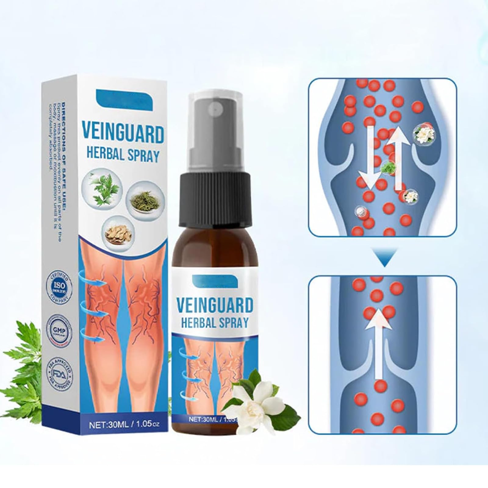 VeinGuard Spray Herbal, 2 en 1 Spray para Piernas y Venas para las Piernas, Spray Tranquilizante para Varices, Mejora la apariencia de las piernas y la circulación, 30ml*2