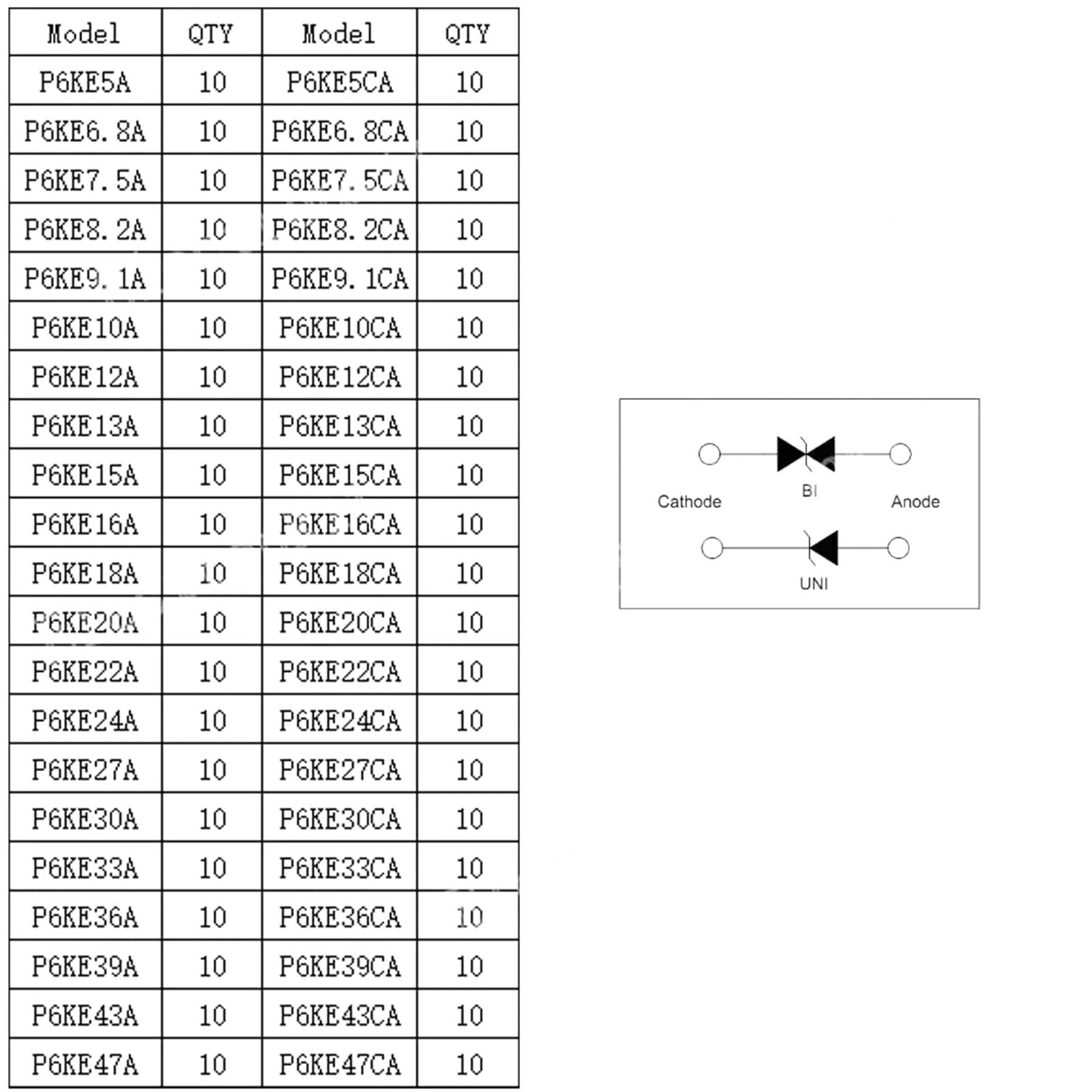 210-teiliges 21-Wert-Ein-Zwei-Wege-TVS-Diode-Sortiment-Set P6ke6.8A 8.2A 9.1A 10A 12A 13A 15A 16A 20A 22A 24A 27A 30A 33A 36A 39A 43A 47CA(P6KE-A)