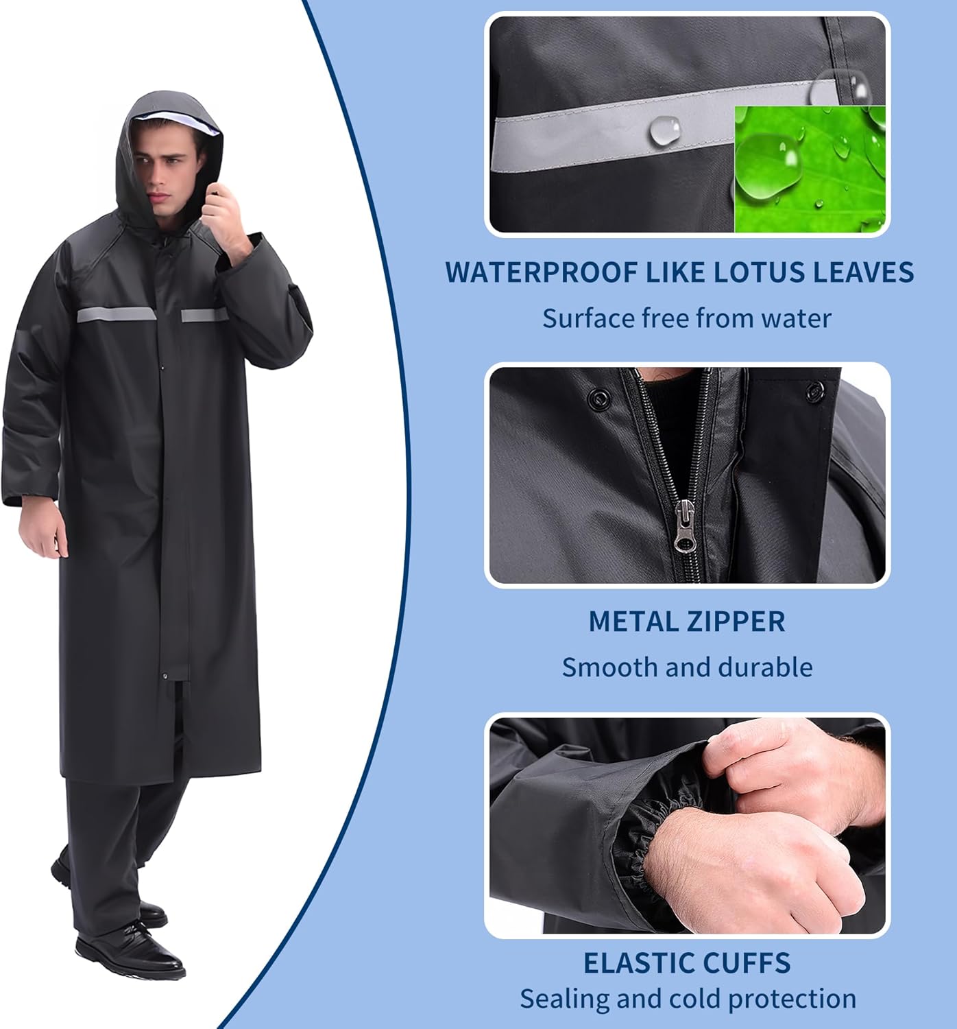 Adults Rain Coats,Reusable Waterproof Long Rain Jacket,Reflective one-piece Raincoat,Waterproof Rain Ponchos with Hoods