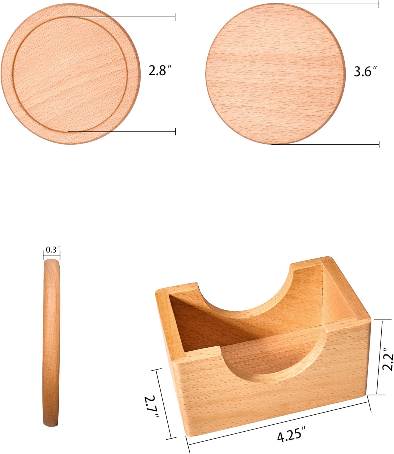 Mu&Ti Wood Coaster, Coffee Beer Coaster.100% Natural Beech Wood Coaster, 6-Piece Coaster Set, Holder Included (Beechwood) - Image 3