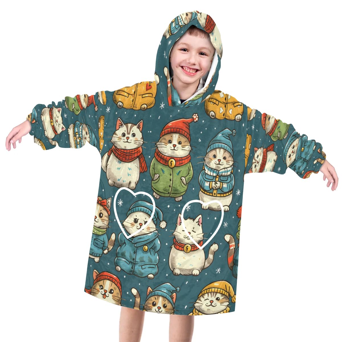 Wearable Blanket Hoodie for Kids, playful cats Fleece Sweatshirt Blanket Oversized Blanket Sweatshirt with Pocket Flannel Warm Hooded Blanket 6-10 Year Old Girl Boy Gift, One Size