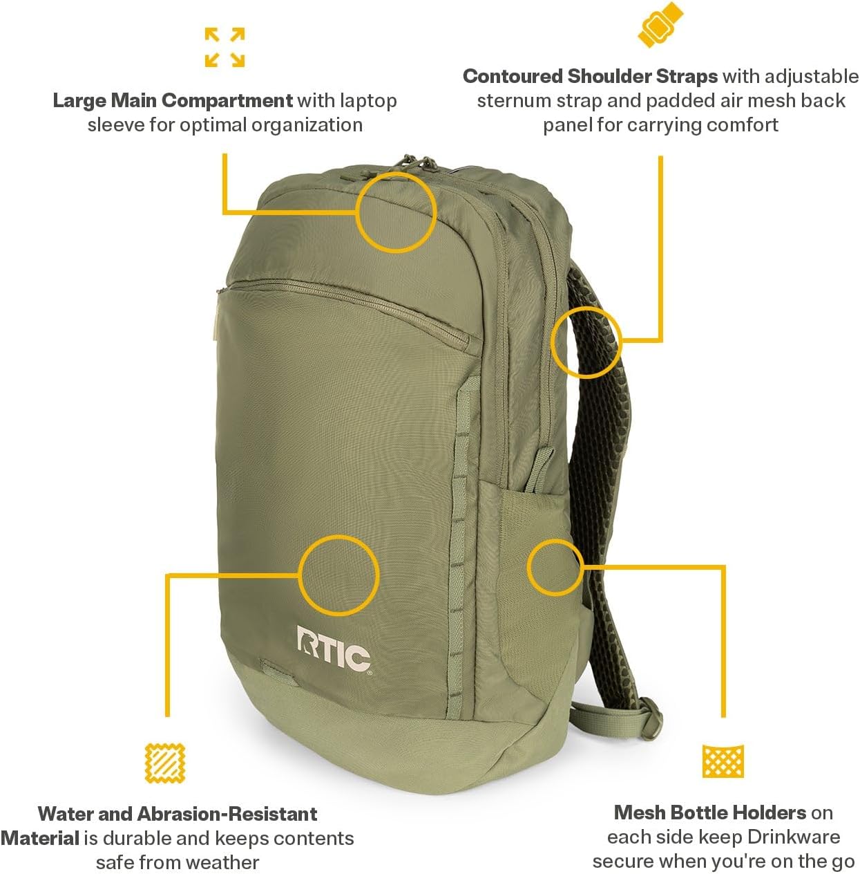 RTIC Road Trip Backpack Bag for Hiking, Travel, Computer, Business, Work, Commuting, Men, Women, Adults, Large, with Laptop Sleeve, Olive & Beach
