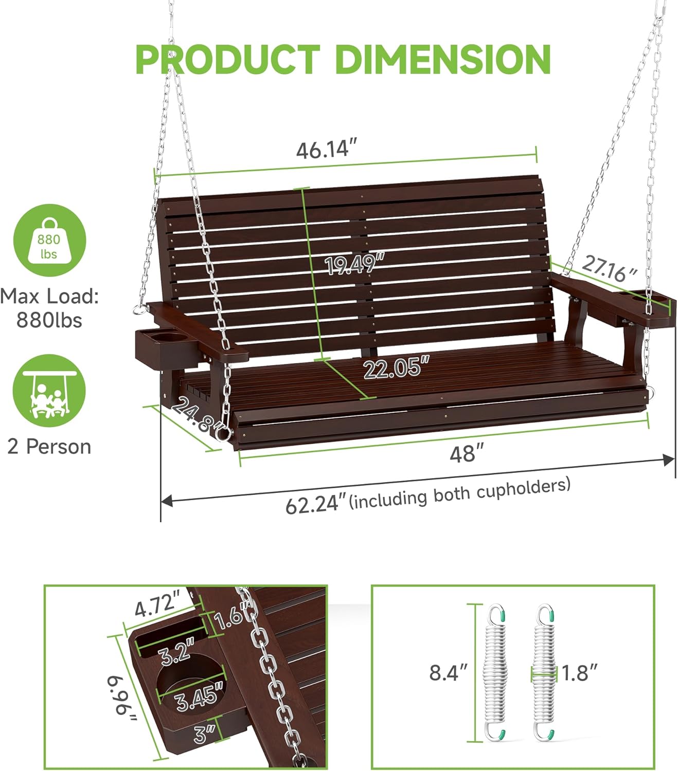 Real Relax Front Porch Swing, Wooden 2-Seater Outdoor Hanging Patio Swing Chair with Cup Holders, Upgraded 22" Deep Seat Bench, Heavy Duty 880 Lbs for Courtyard, Garden, Backyard 4 Ft (Brown)