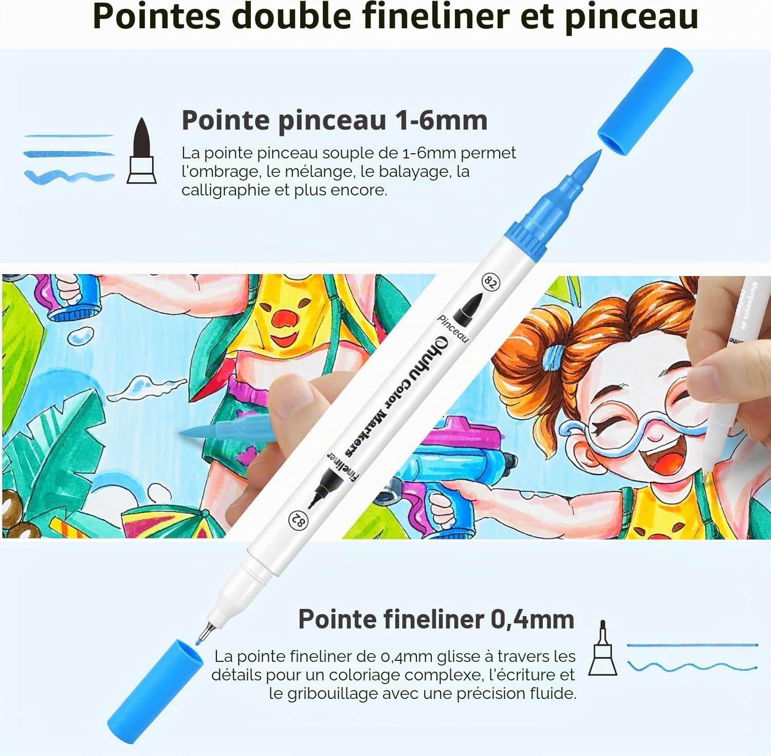 Ohuhu Feutres Coloriage Adulte Enfants, 120 Couleur Feutre Double Pointe Aquarelle Stylos Pointe Fine Pour Dessin, Manga, Doodling, Scrapbooking, Série Maui – Sac de Transport