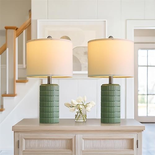 Miniatura 12 de PoKat - Juego de 2 lámparas de mesa de cerámica estilo granja tipo piedra de 27" para dormitorio, lámparas rústicas para mesitas de noche, lámparas