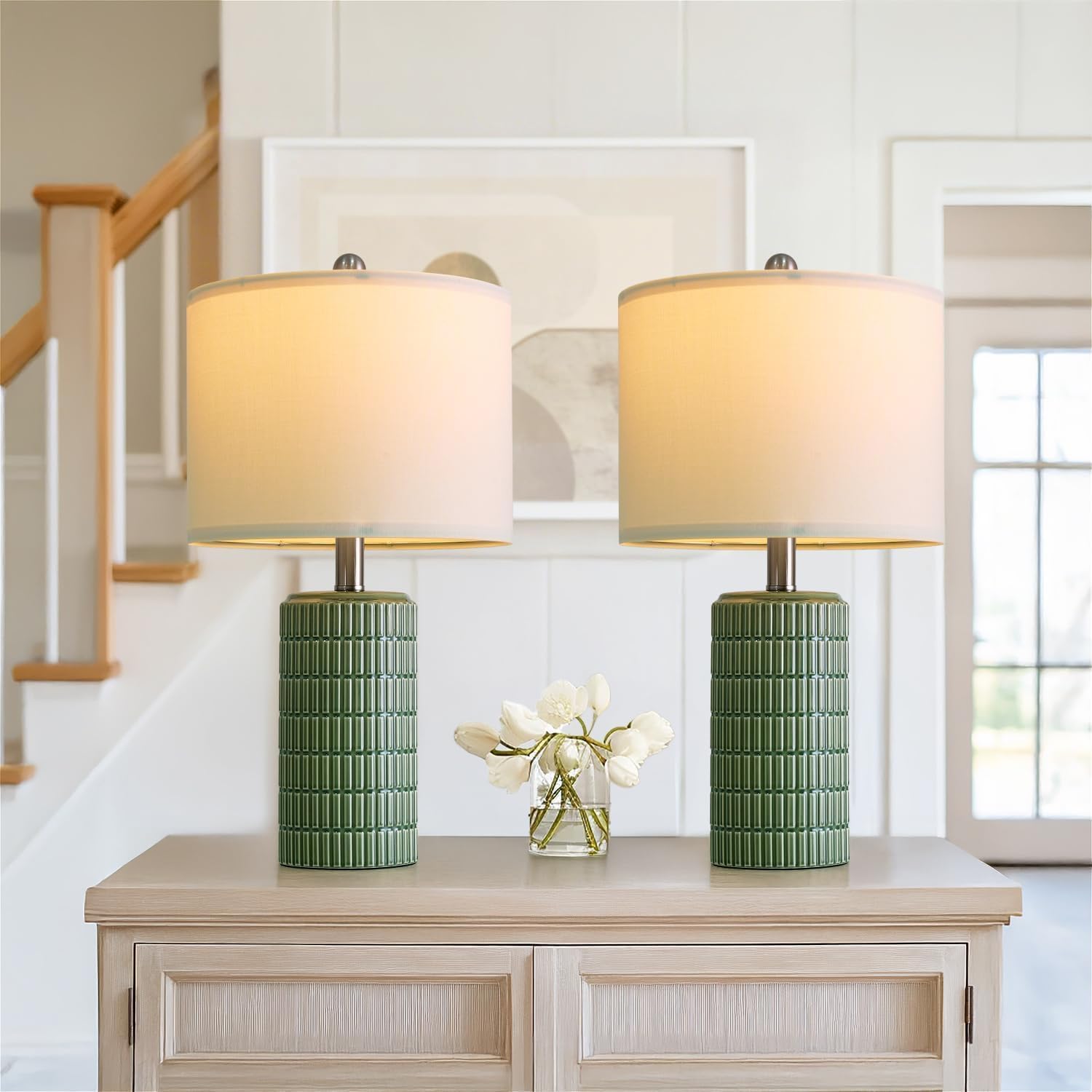 PoKat 20 75 Small Modern Ceramic Table Lamps Set of 2 for Bedroom Green Bedside Lamps for Night