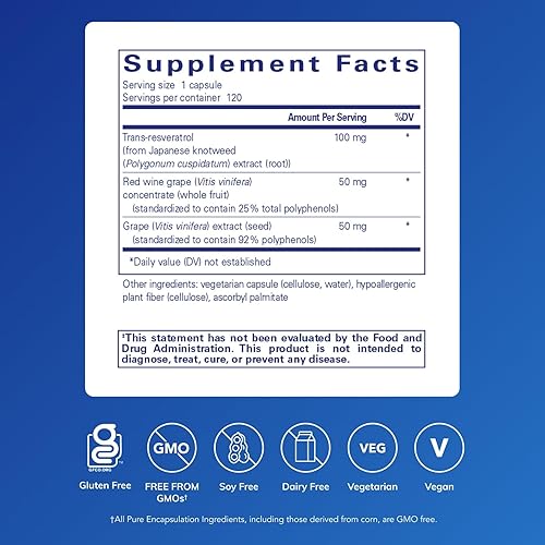 Vista 9 de Pure Encapsulations Resveratrol EXTRA - 100 mg Trans-Resveratrol - Para una función celular y cardiovascular saludable* - Suplemento antioxidante