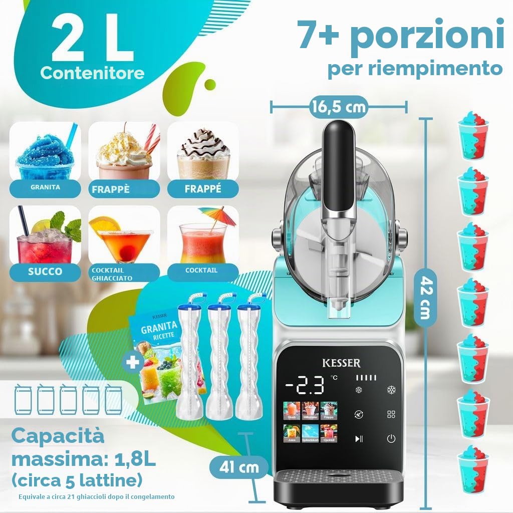 KESSER Slush - Macchina per la casa – Slush Ice Maker 2 l – per slush, cocktail gelato, frappè, frappè, frappé e succo congelato – in 25 minuti & con 6 programmi, con 3 tazze e ricettario, colore