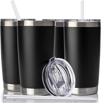 CIVAGO 20oz Tumbler with Lid and Straw, Stainless Steel Vacuum Insulated Coffee Tumbler Cup, Double Wall Powder Coated Travel Mug Black, 4 Pack