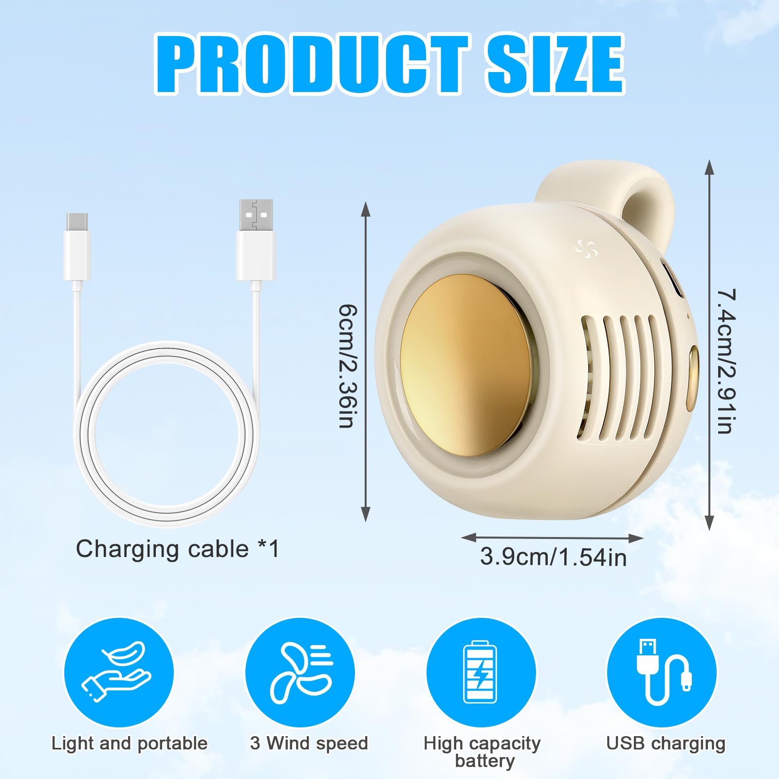 Mini ventilatore elettrico senza pale, portatile, silenzioso, a 3 velocità, con clip su vita e collo, ricaricabile, piccolo ventilatore elettrico da viaggio per vita all'aperto, viaggi, ufficio