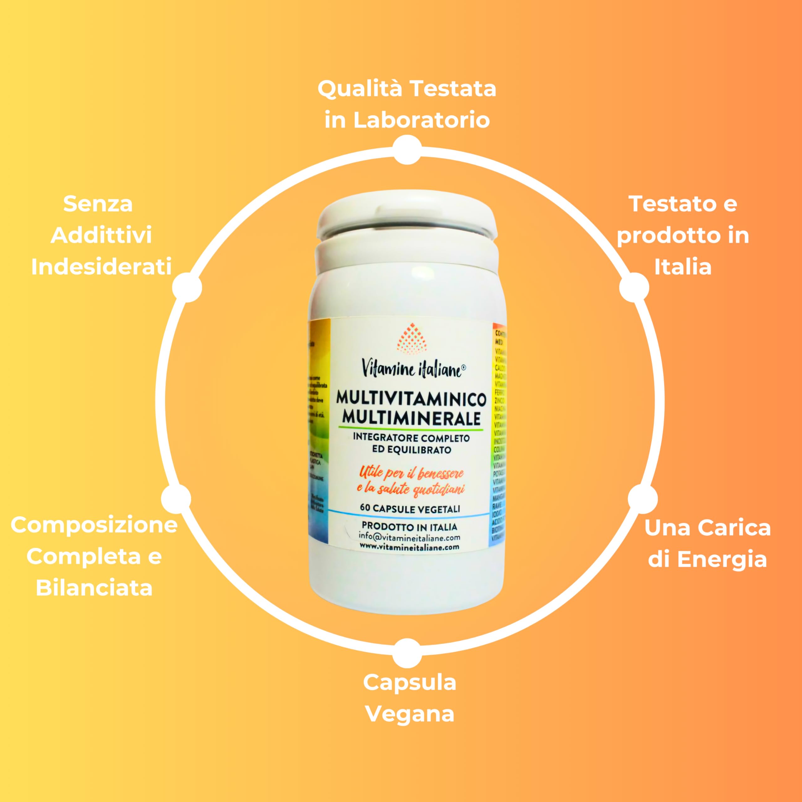 Vitamine Italiane® - Integratore Multivitaminico Completo - a base di Vitamine A, B, C, D, E, H, Zinco, Ferro, Potassio e Acido Folico - Senza Additivi - Made in Italy (60 Capsule (Confesione da 3))
