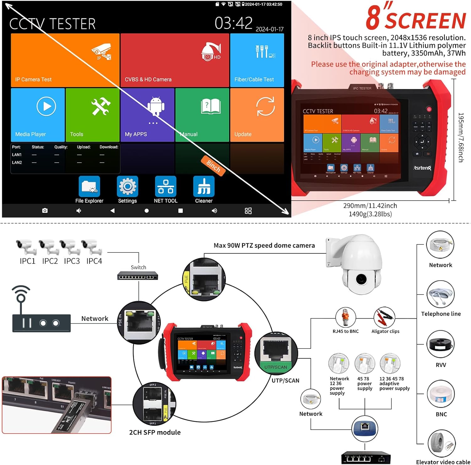 Rsrteng CCTV Tester 8K 32MP 12MP IP Camera Test POE++ Max 90W POE Camera Tester 2CH SFP Port WiFi Network Tools Cable Test HD VGA Power Output POE++ Detect Power Management