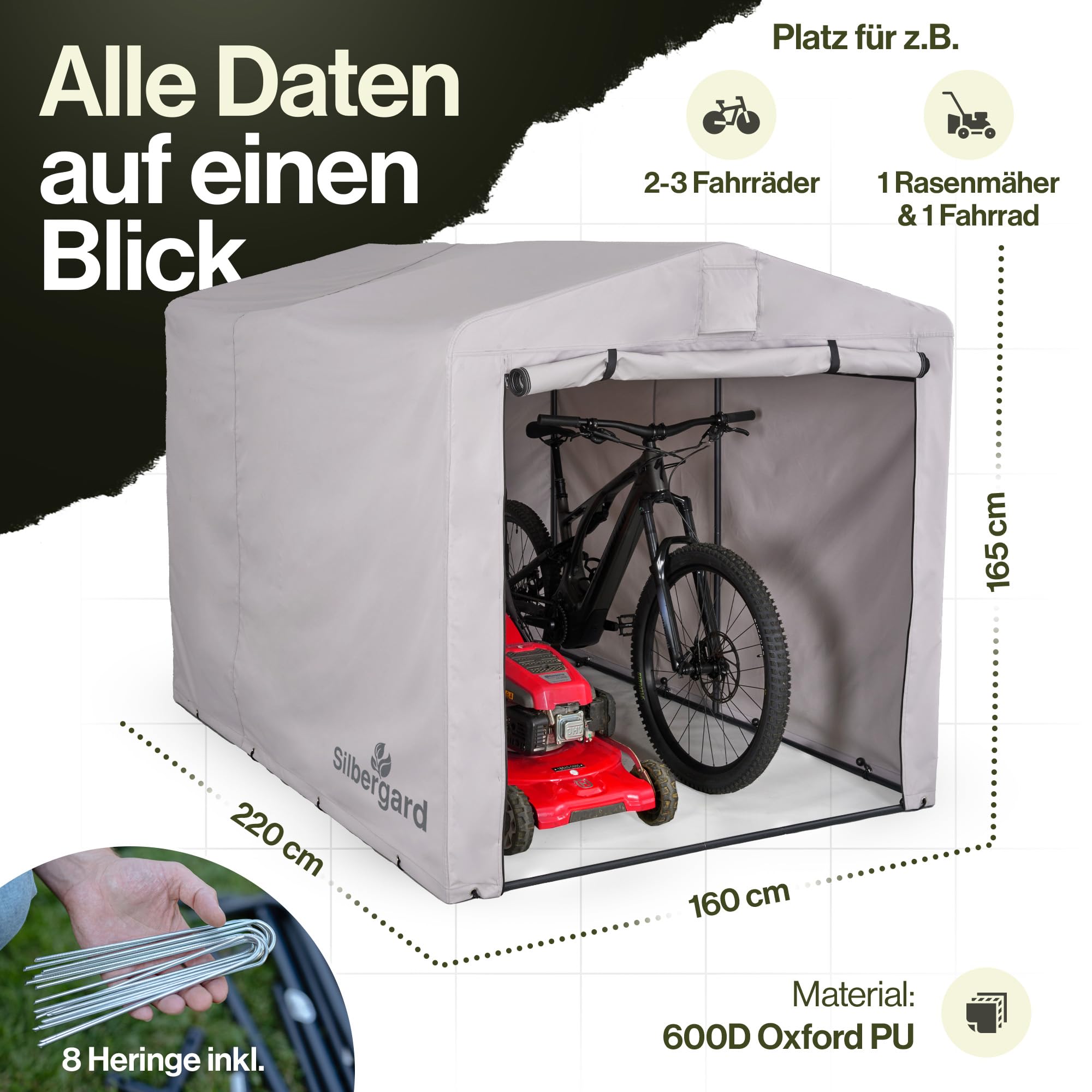 Fahrradgarage mit extra Tiefe für E-Bikes | 160x220x165cm Gerätehaus | Wasserdichtes 600D Oxford Gewebe mit PU Beschichtung, Wetterfest & Reißfest | Ideal für, Gartengeräte, Roller