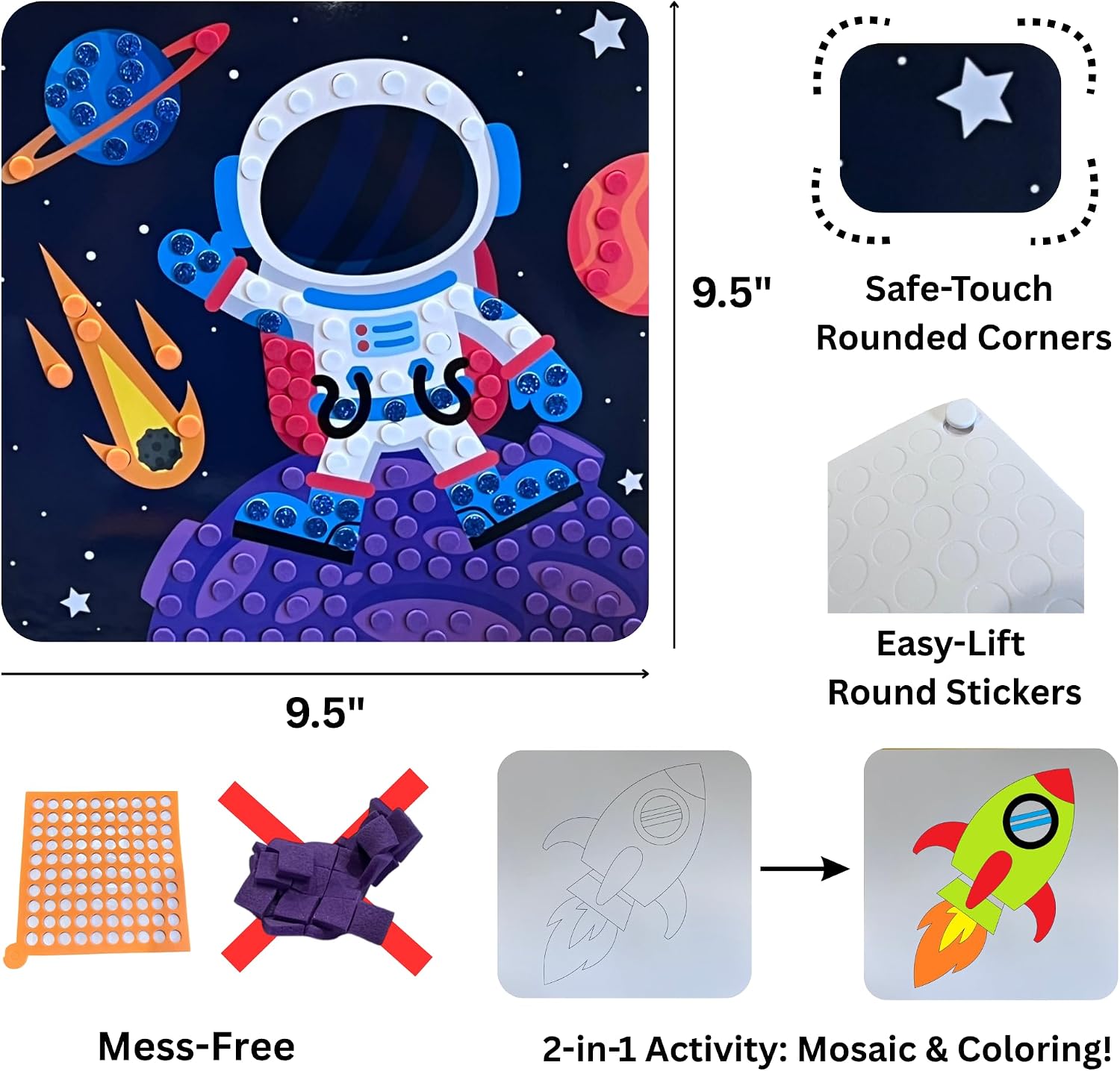 Serenzy 3D Mosaic Sticker Art for Kids - Astronaut - 4 Pack Mess-Free Craft Kits for Ages 3-5 - Fine Motor Skills & Color Matching STEM Toy - 2-in-1 Sticker & Coloring Activity image 3