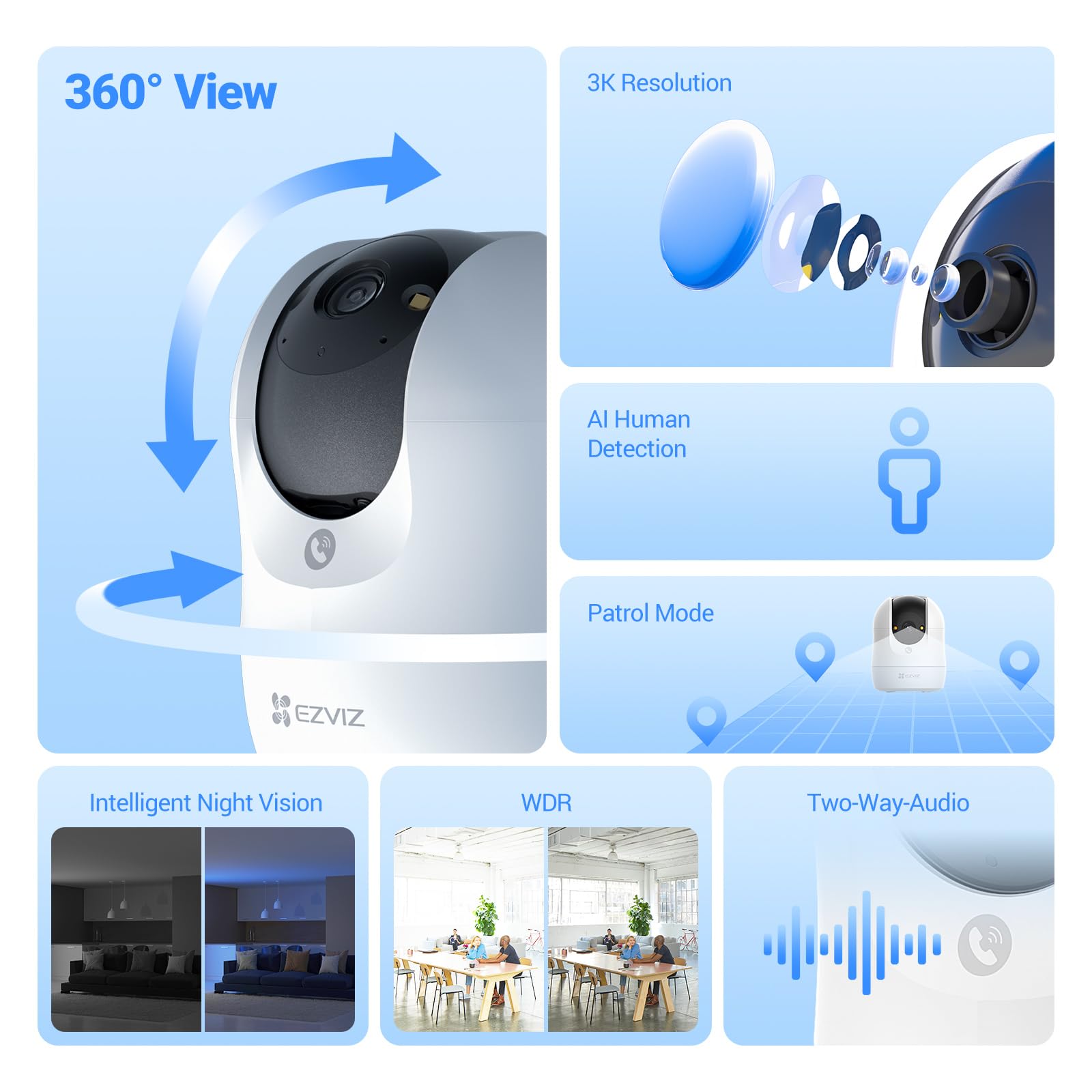 EZVIZ 3K 360° Indoor WiFi Surveillance Camera, 5MP Baby Camera with 2.4Ghz WiFi, Human/Noise Detection - Image 2