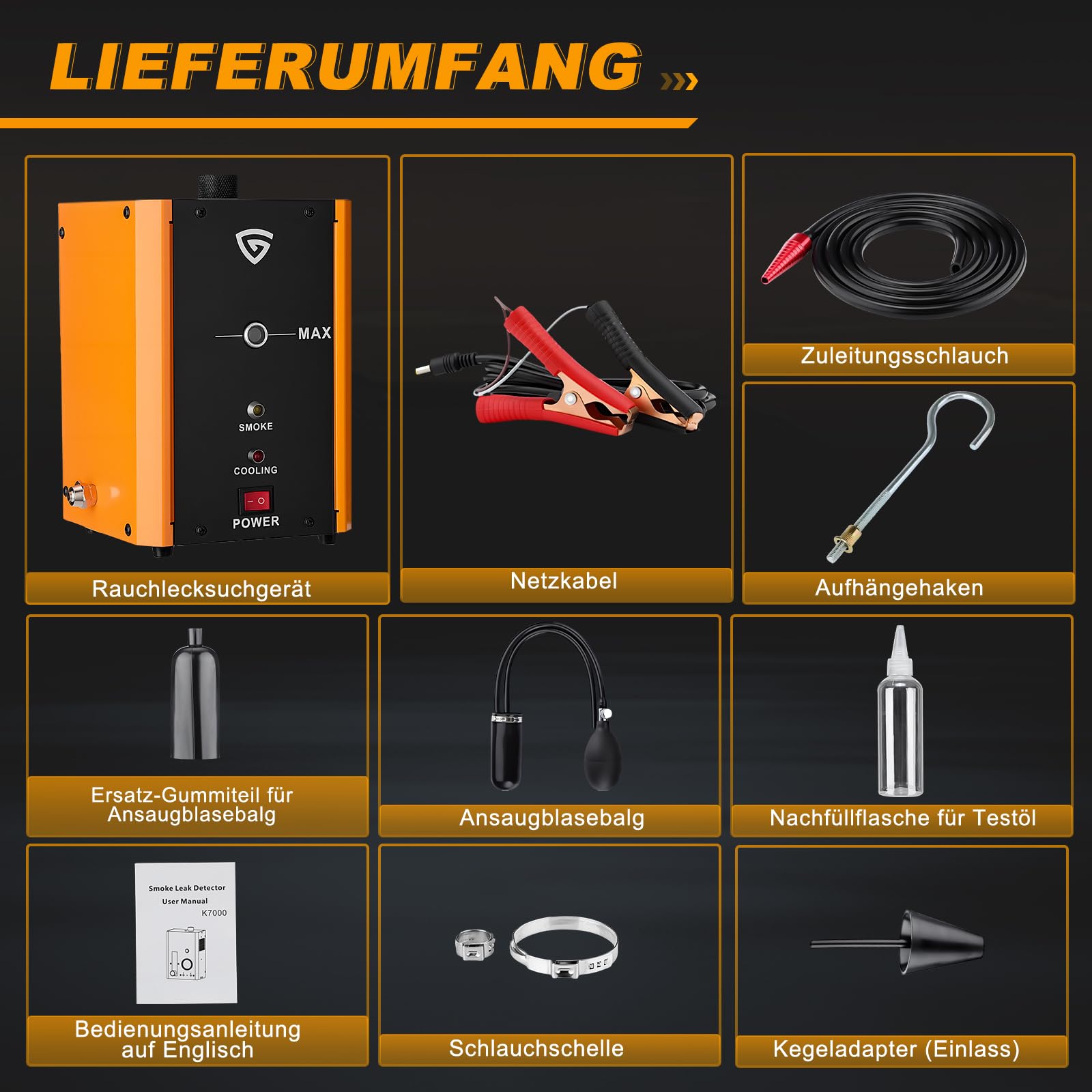 GEARMONSTER Nebelmaschine KFZ Rauchmaschine Lecksuchgerät mit Eingebaute Luftpumpe, DC 12V Rauch Maschine für Autos, Motorräder, Leicht-LKWs, Boote, ATV, Schneemobile