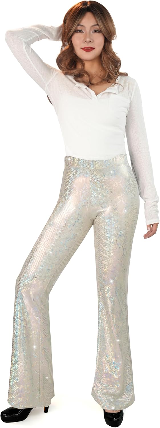 Nawgut Sequin Flare Pants Sparkly Glitter High Waisted Bell Bottoms Leggings Party Disco Clubwear for Women - Image 3