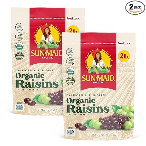 Sun-Maid Organic California Sun-Dried Raisins - (2 Pack) 32 oz Resealable Bag - Organic Dried Fruit Snack for Lunches, Snacks, and Natural Sweeteners