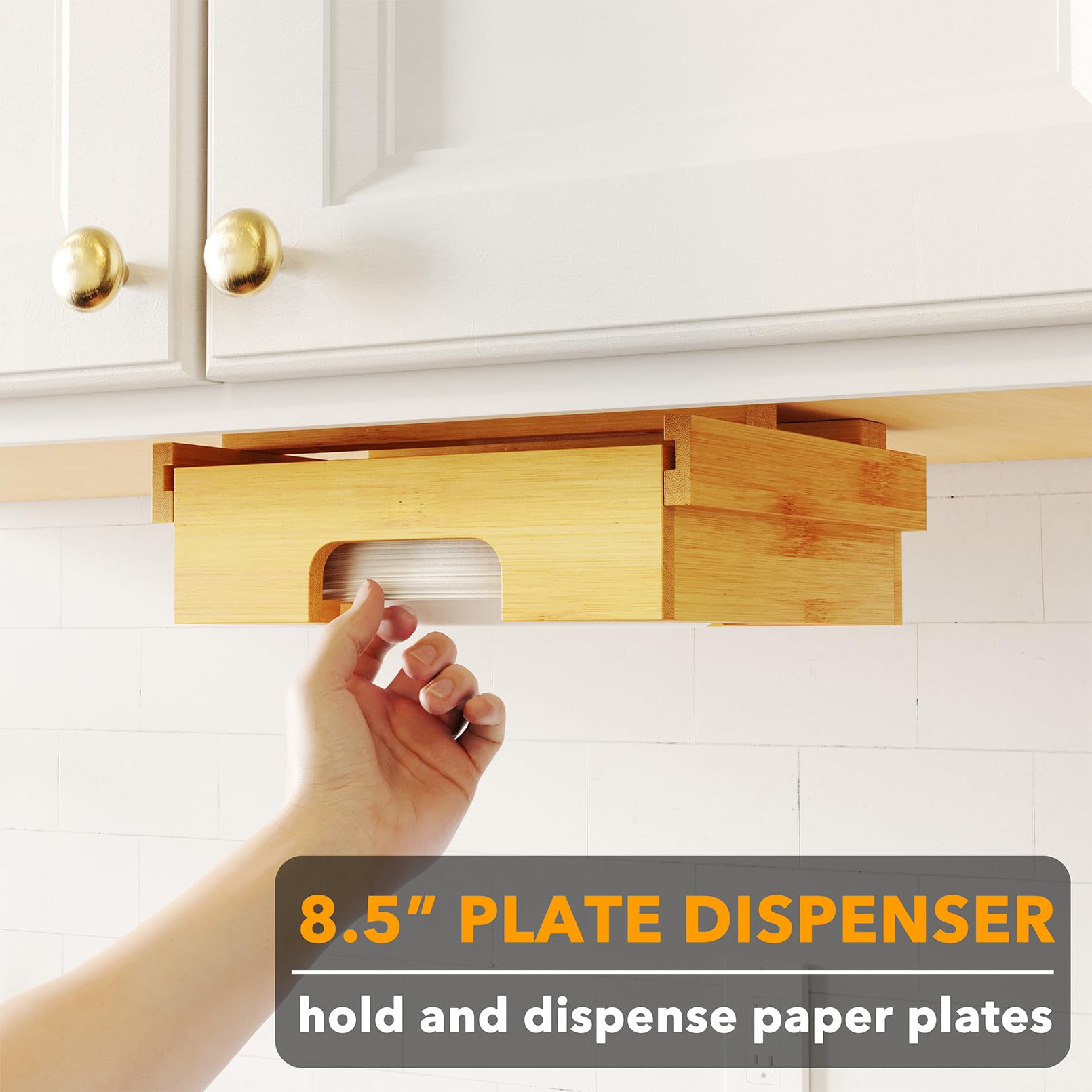SpaceAid Dispensador de platos de papel de 8.5 pulgadas, soporte de platos de bambú debajo del gabinete, soporte vertical para platos de cocina para encimera de encimera (para platos de 8.5 pulgadas,