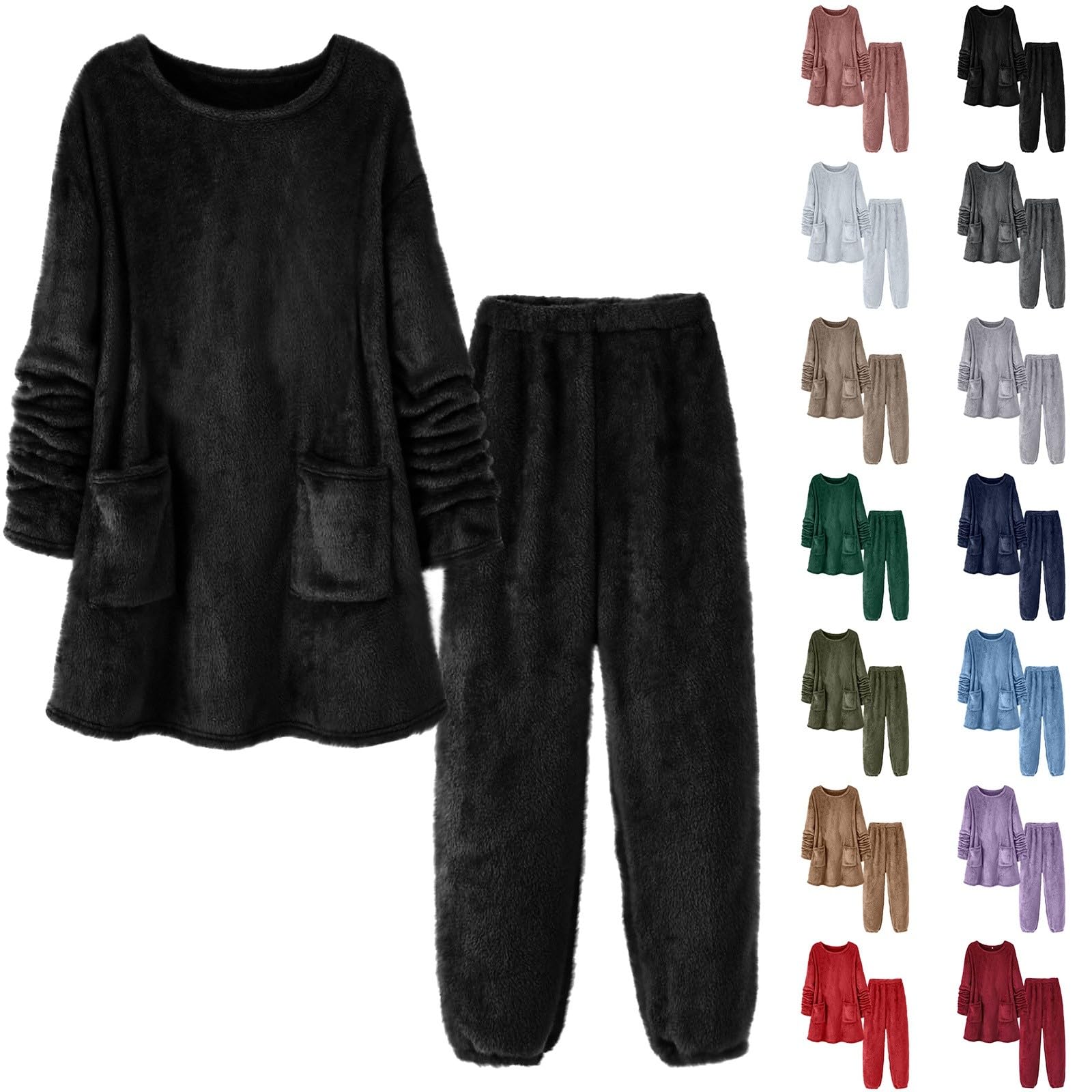Generisch Pigiama invernale da donna, morbido, in pile, caldo, morbido, elegante, 2 pezzi, caldo e caldo