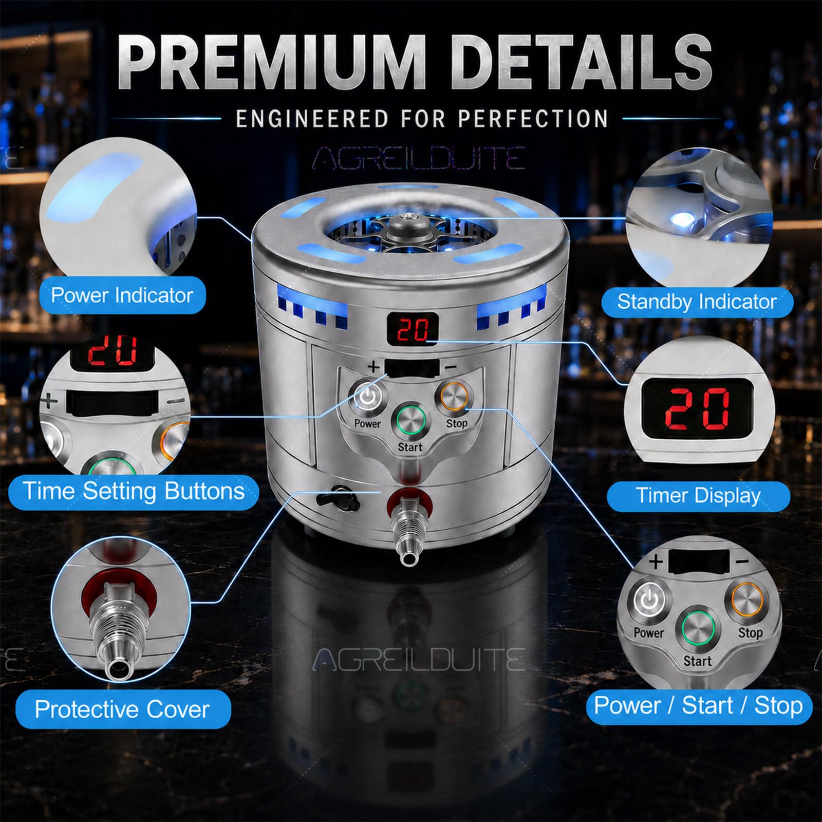 Enfriador de vidrio 2 en 1 de enfriamiento rápido y máquina de hielo seco, equipo profesional de bar para cócteles, cerveza, vino, exhibiciones de alimentos, eventos