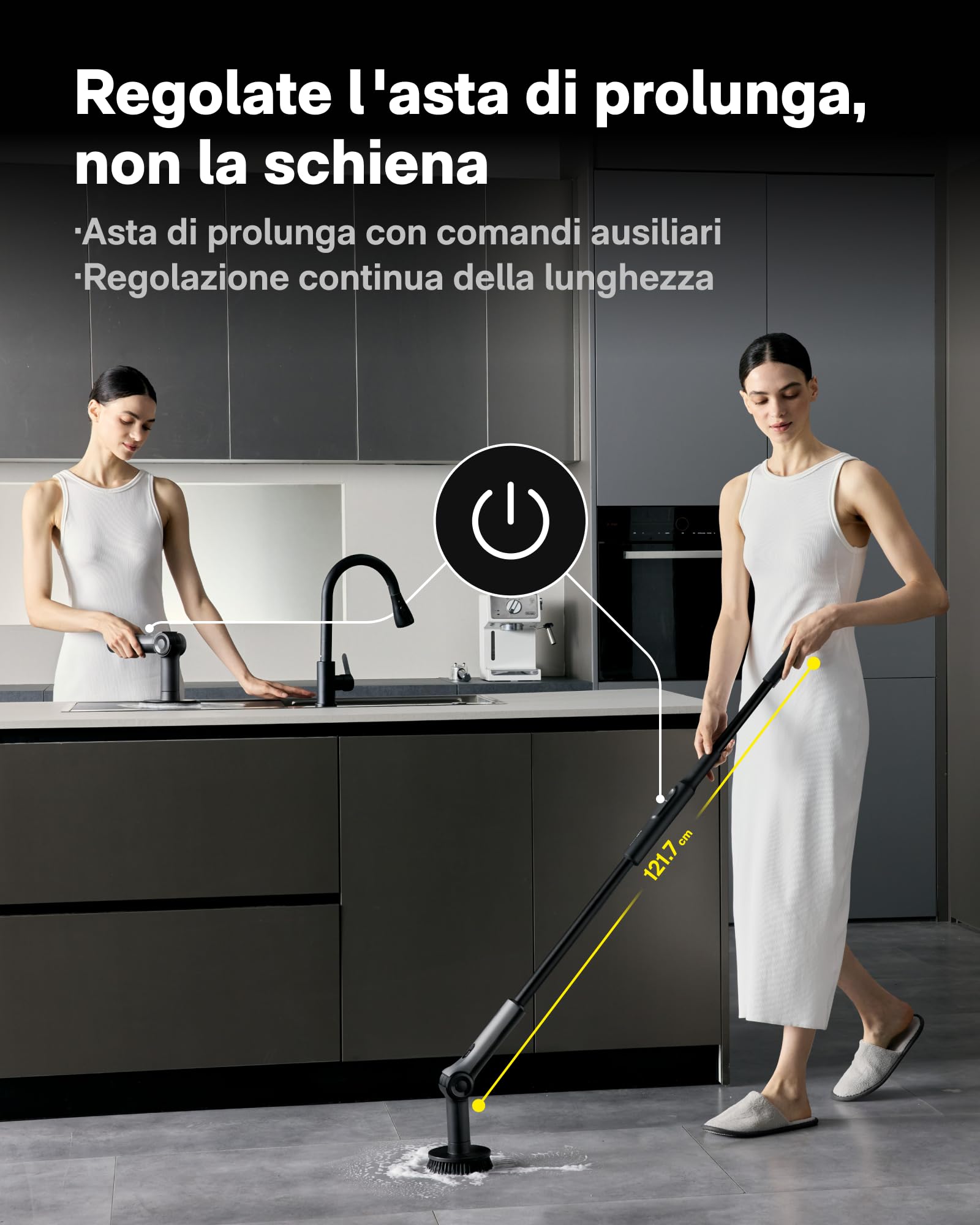 HOTO Flexi™ Spazzola Elettrica Rotante per Pulizia Casa, Angolo Regolabile, Maniglia Estendibile, Display Intelligente, Impermeabile IPX7, 8 Testine Sostituibili, per Bagno Piastrelle Vasca da Bagno