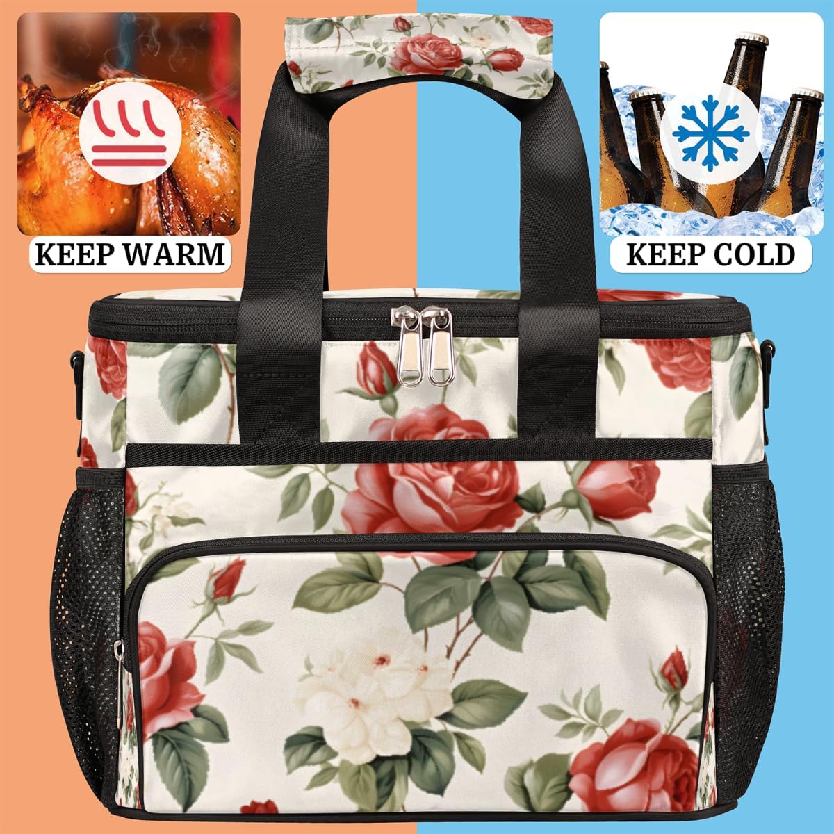 Blooming Rose Insulated Picnic Backpack Lunch Box for Women Men Picnic Basket Tote Lunch Bag Picnic Bag Portable Lunch Bags for Picnic, Beach, Work, Trip,Office, Camp Roses Flowers