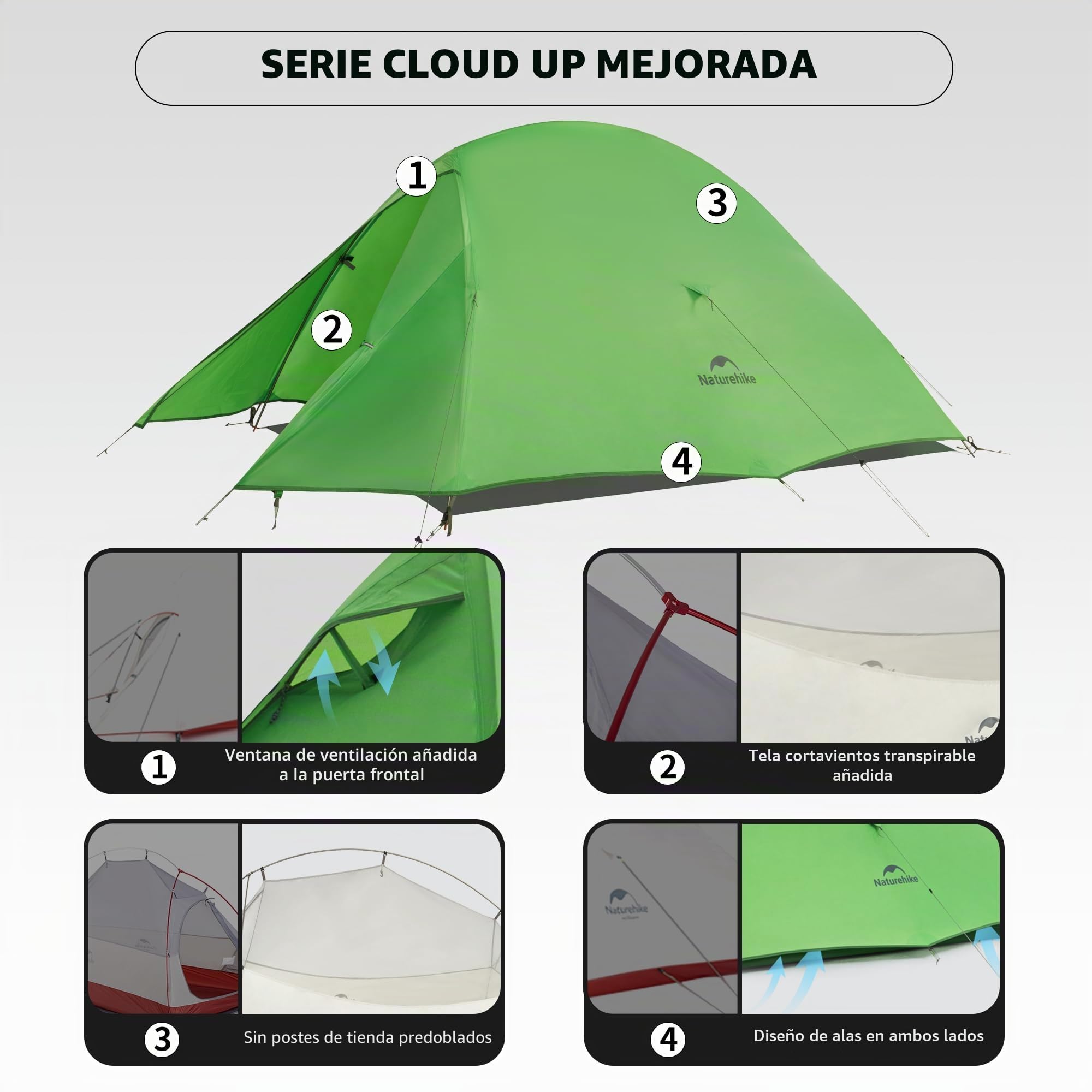 Naturehike Cloud Up Pro Tienda de campaña ligera para 2 personas, fácil montaje, resistente al viento e impermeable, para viajes al aire libre, trekking