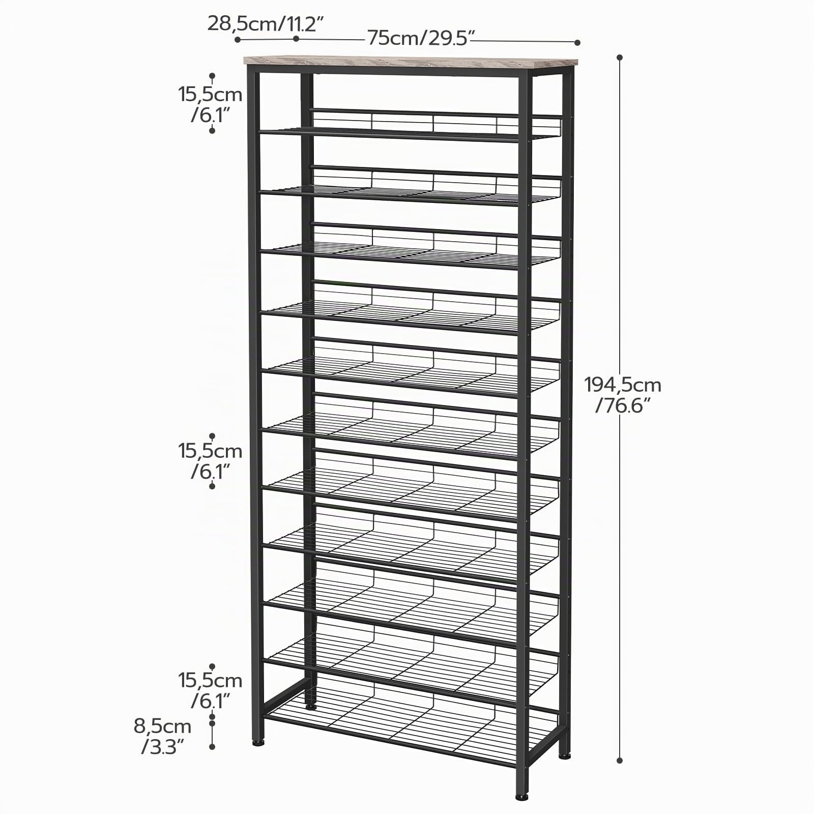 HOOBRO Grande Étagère à Chaussures, Porte-Chaussures à 12 Niveaux, Meubles à Chaussures, Gain de Place, Cadre en Métal, pour Entrée, Armoire, Salon, Couloir, Noir et Gris EBG51XJ01