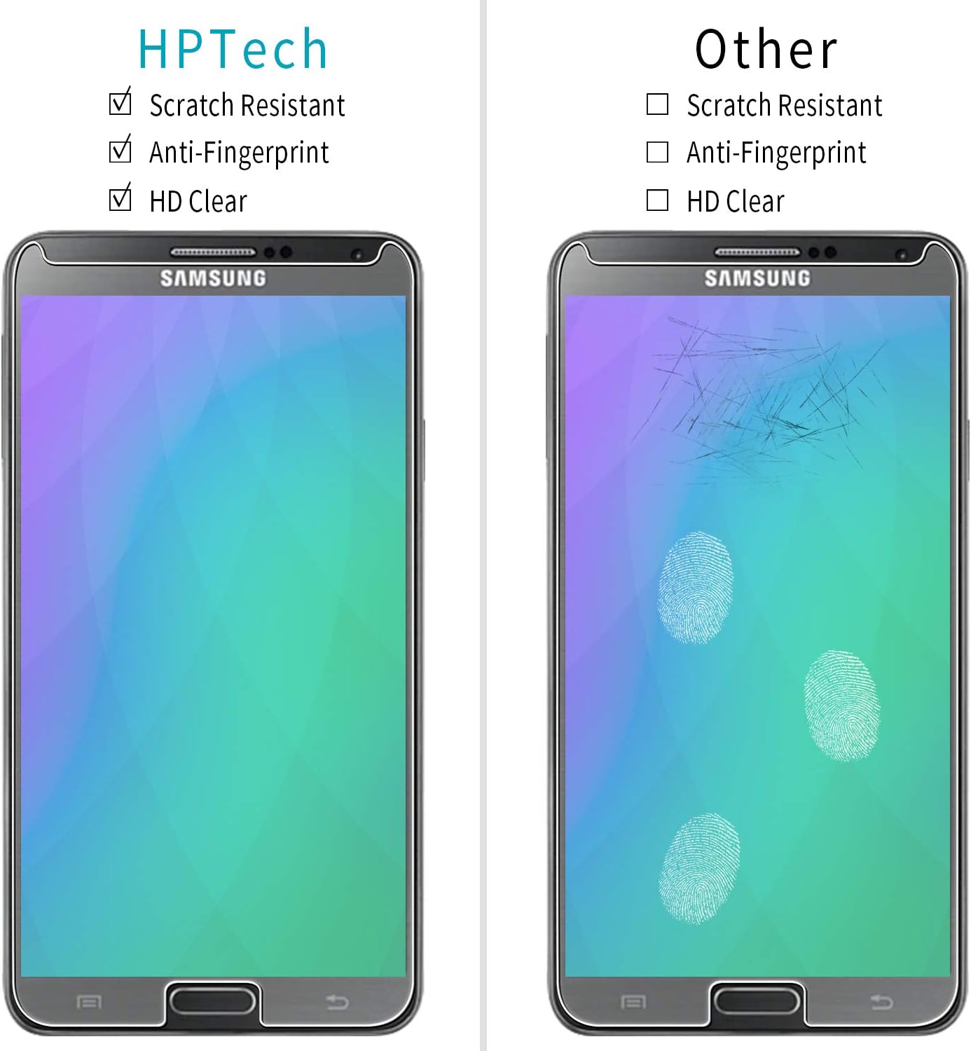 HPTech Galaxy Note 3 Screen Protector - (2-Pack) for Samsung Galaxy Note 3 Tempered Glass Screen Protector Bubble Free 9H Hardness with Lifetime Replacement Warranty