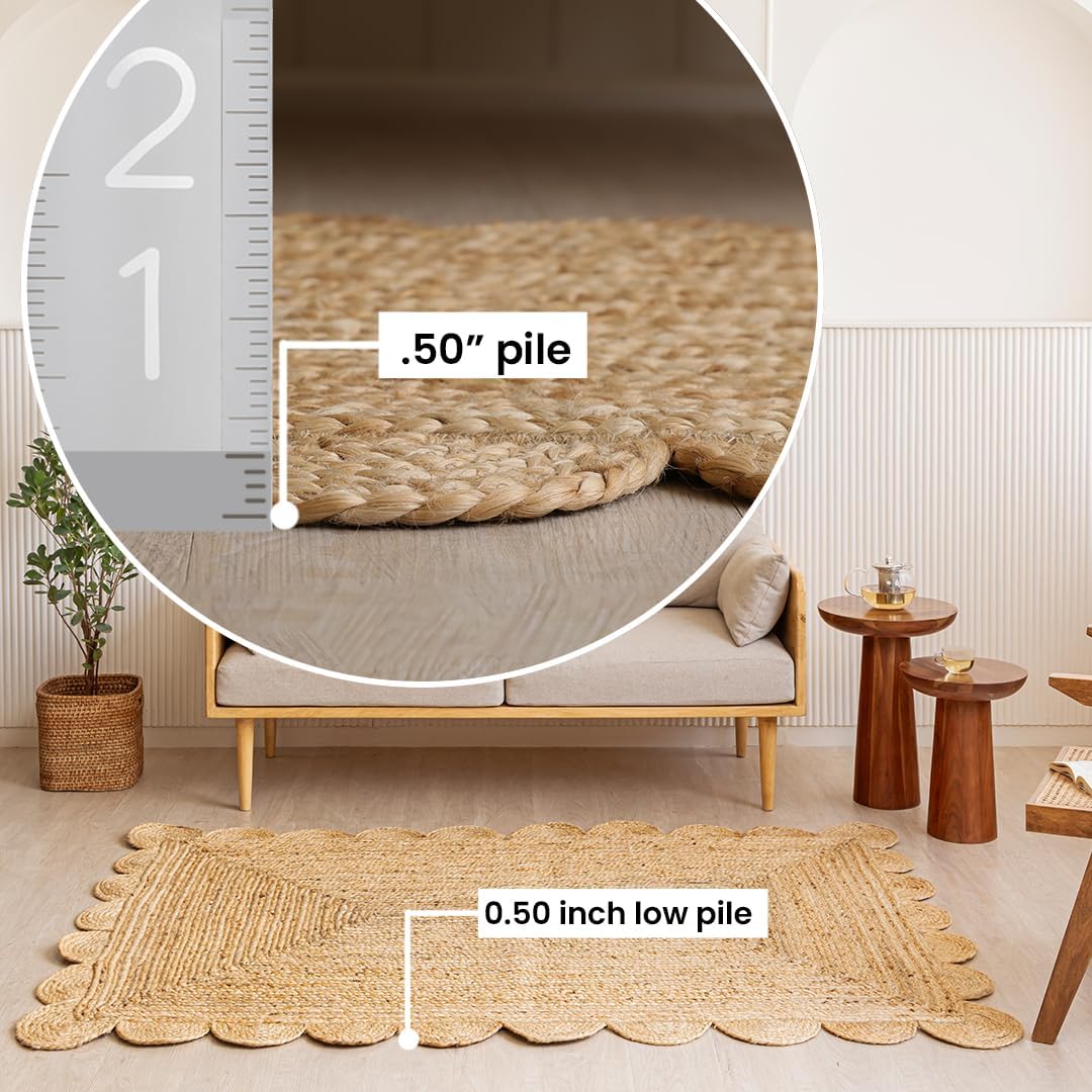 HOMEMONDE Natural Handwoven 6x9 ft Jute Area Rug - Scalloped Braided Rustic Farmhouse Indoor Rugs for Boho Home Decor, Living Room, Bedroom, Dining Room