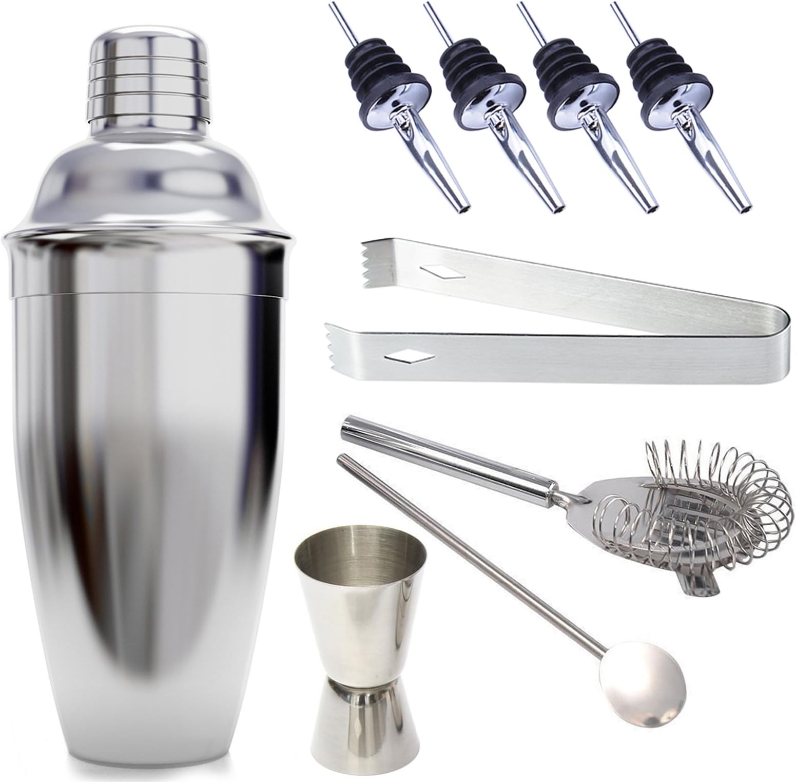 Bar Kit Cocktail Shaker Set 9 pieces Stainless Steel 24-Ounce Martini Shaker, Measure, Tongs, Strainer, Spoon, Bottle Pourer Barware Tools
