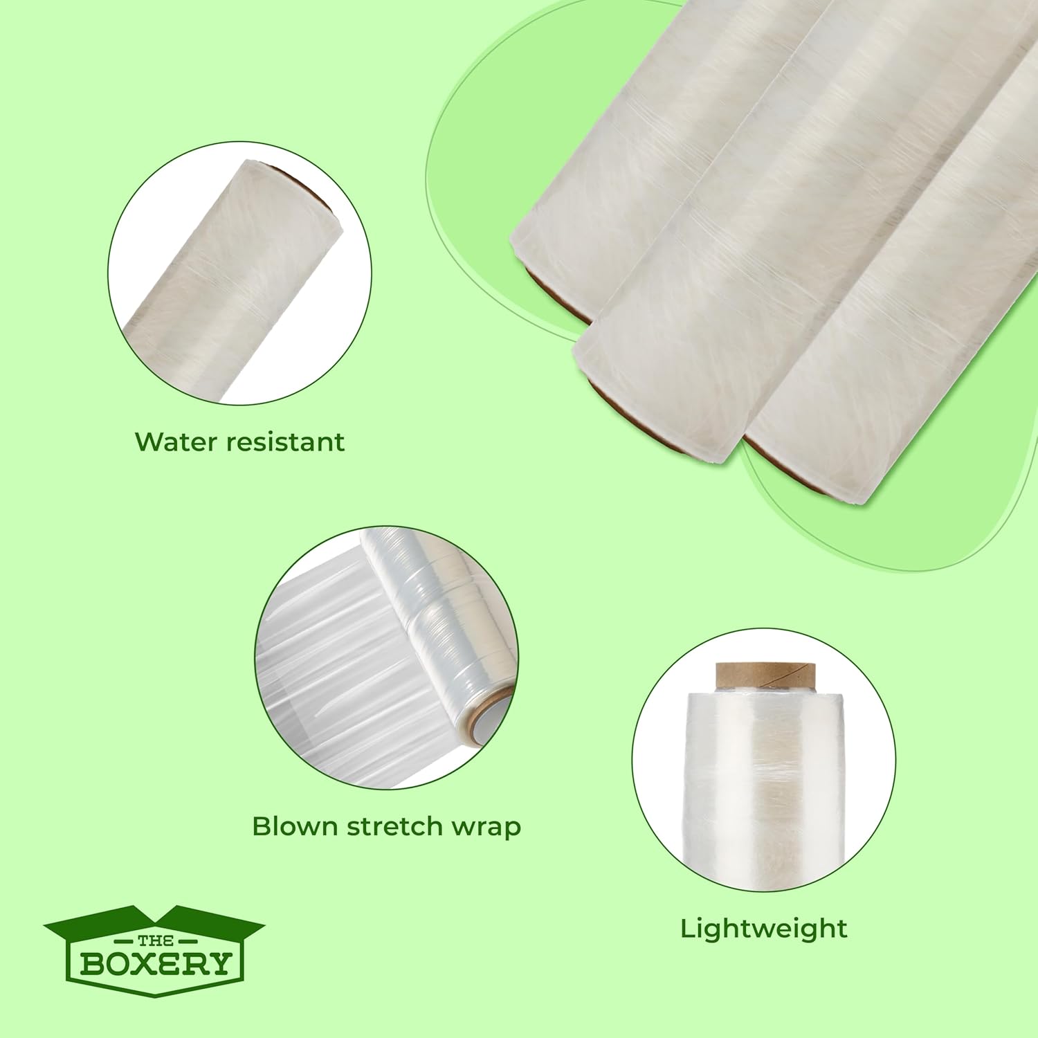 The Boxery- 18''X1500' Per Roll Stretch Wrap-4 Rolls-6000 Feet Total (30 Gauge)-Lightweight, Prestretched Stretch Wrap Film Clear Cling Plastic for Shipping, Moving and Packaging