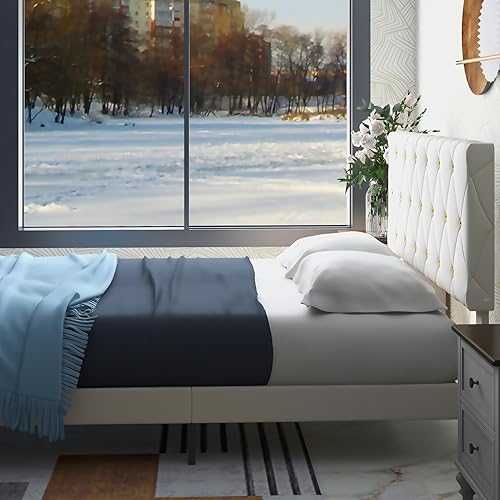 Miniatura 8 de Base de cama de tamaño matrimonial, plataforma tapizada de terciopelo con cabecero, fácil montaje, no necesita somier, antideslizante y sin ruido