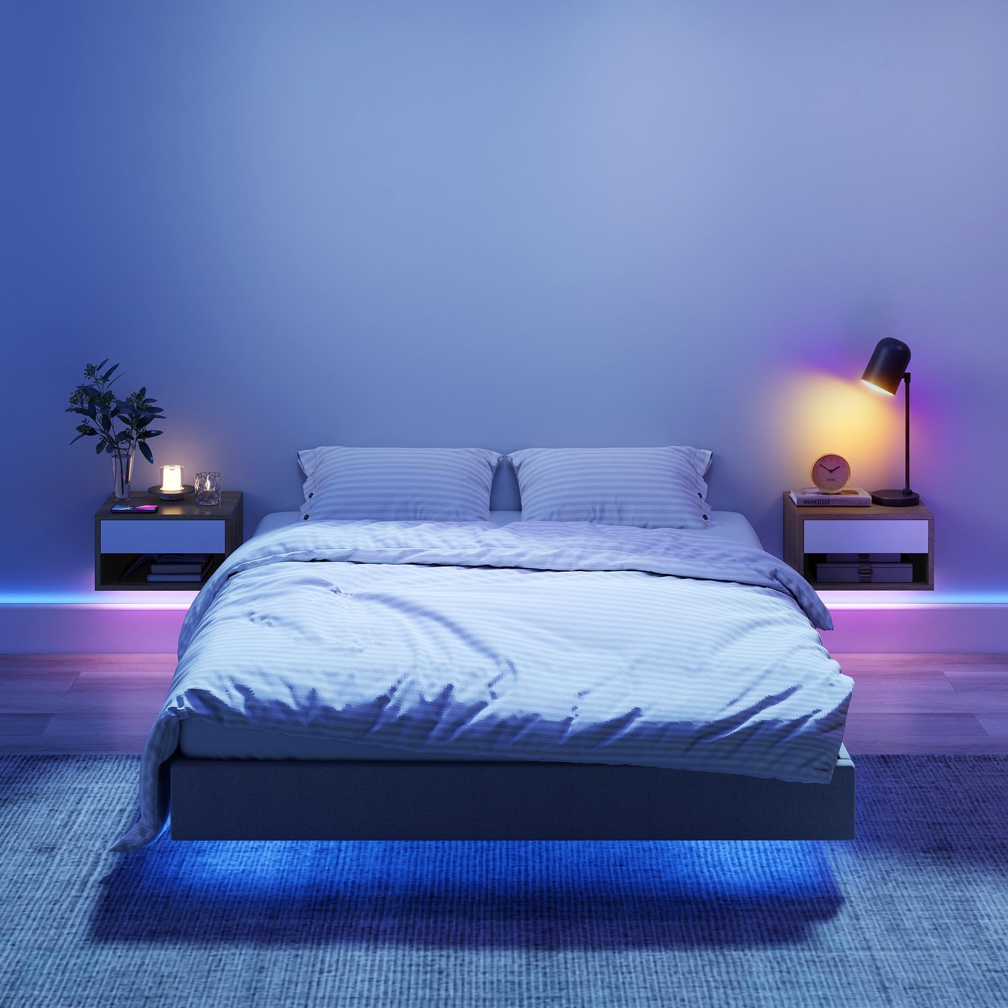 HOMCOM 2er-Set Hängende Nachttische, LED RGB Licht, Teak | App-Steuerung, wandmontierte Nachttische, offenes Fach, 1 Schublade, für Schlafzimmer, Wohnzimmer, 37x32x21cm.
