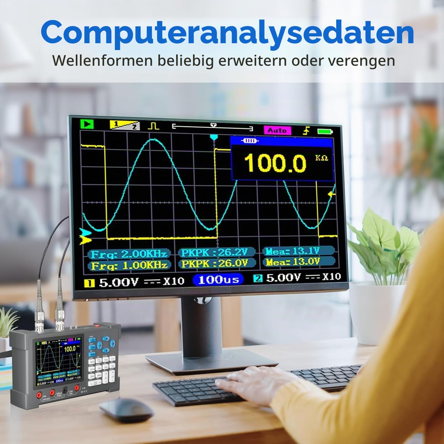 3 in 1 Digitales Oszilloskop, DSO3D12 2 Kanal Oszilloskop, Multimeter und Signalgenerator, 120-MHz-Bandbreite, 250 /s-Stichprobenrate, 3,2-Zoll-IPS-Display, Tragbares Design, Wellenformanalyse