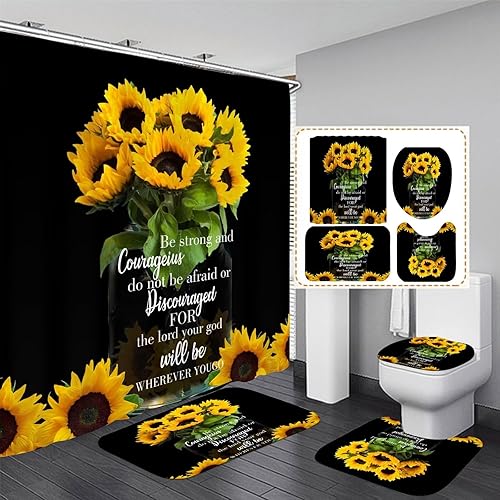 AZHM Juego de 4 cortinas de ducha con alfombras de girasol, decoración de baño, citas inspiradoras, cortinas de baño con alfombras y accesorios
