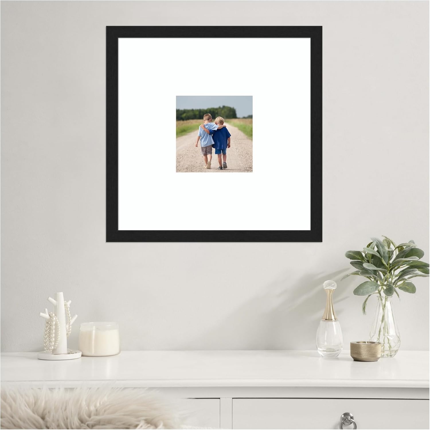 Amanti Art Picture Frame 20x20 Matted to 8x8 Photo Frame, Grace Brushed Metallic Black Narrow Wood Framing for your Wedding Photos, Family Pictures, Diploma, Certificate, Kids Art or Poster Wall Decor