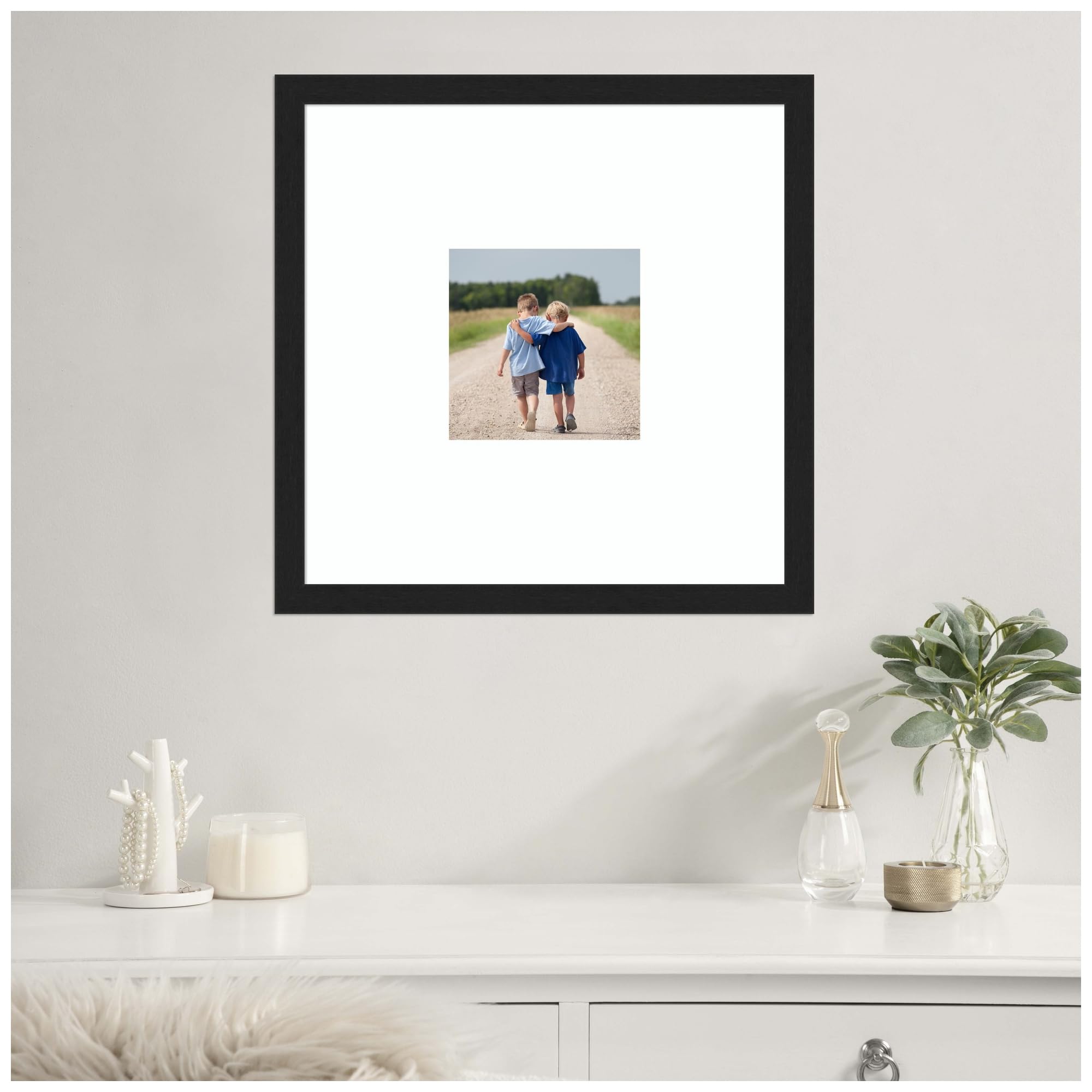 Amanti Art Picture Frame 20x20 inch Matted to 8x8 Photo Frame, Grace Brushed Metallic Black Narrow Wood Framing for your Wedding Photos, Family Pictures, Diploma, Certificate, Kids Art or Poster Wall Decor