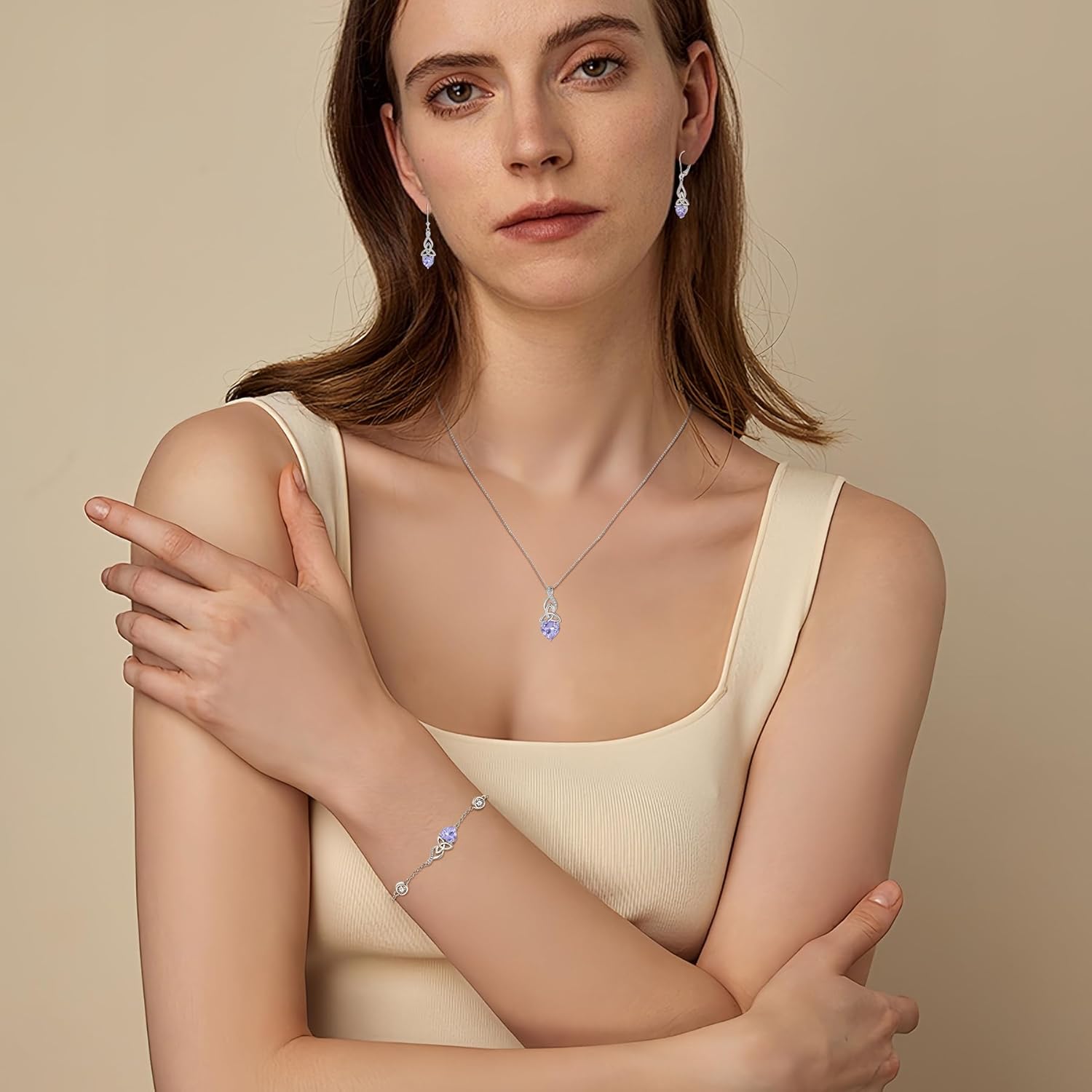 Infinity Celtic Knot Jewelry Set for Women 925 Sterling Silver Irish Necklace Alexandrite Dangle Drop Leverback Earrings and Bracelet June Birthstone Jewelry Gifts for Her - Image 3