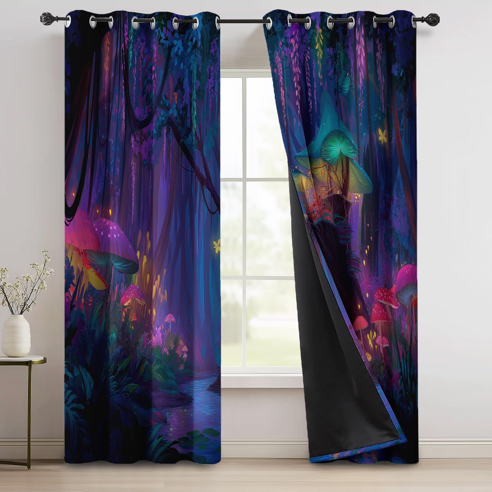 Thermal Drapes for Patio Doors and Balcony W 46" x L 90" (2 Panels), Cartoon Dream Forest Print, Room Darkening Fabric, Colorful