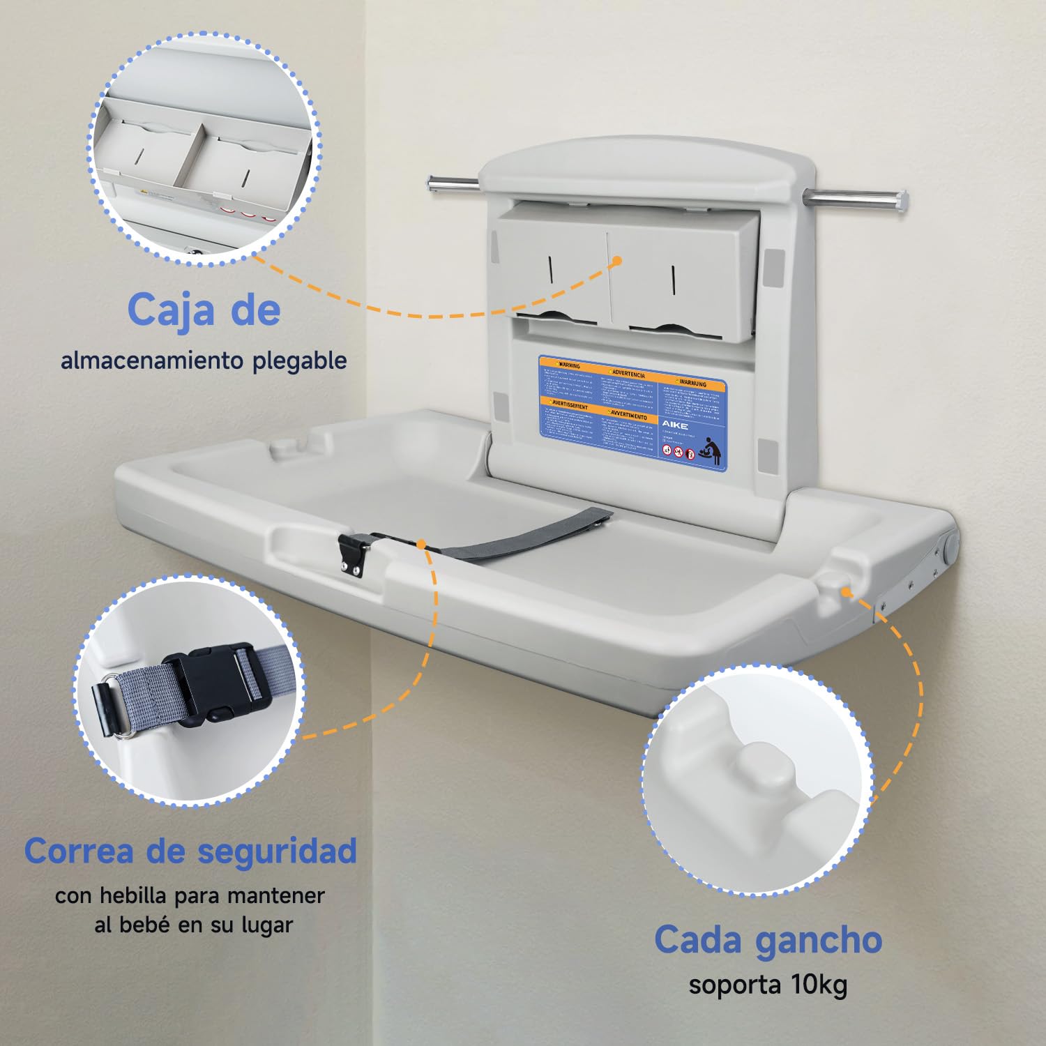 AIKE Unidad de Cambio para Bebé Comercial, Horizontal de Pared Plegable, Conforme a CPC, (Blanco Grisáceo)