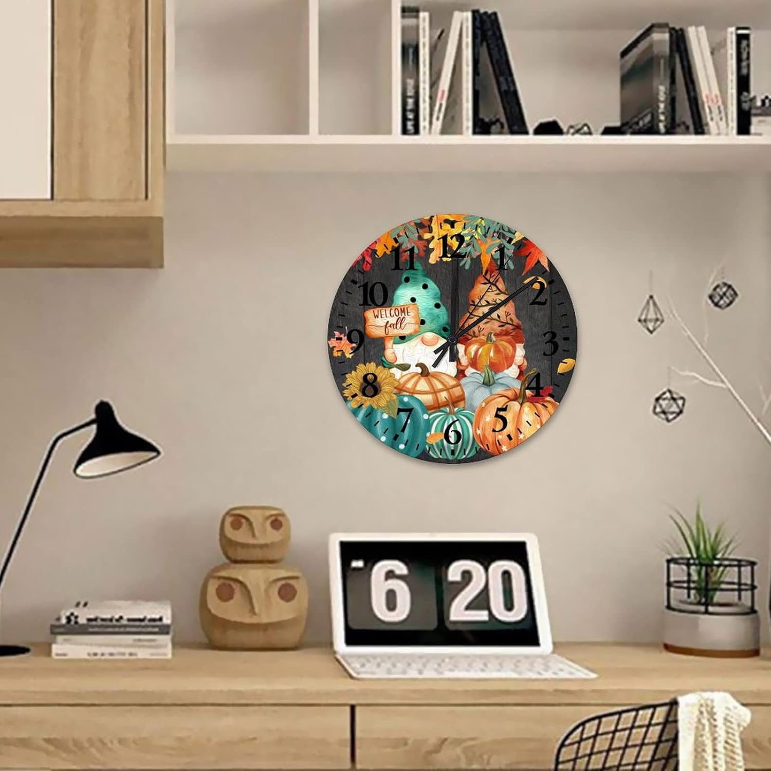 Welcome Fall Gnome Pumpkins Wooden Clocks 12 Inch, Thanksgiving Autumn Halloween Rustic Wood Wall Clock Silent & Non-Ticking Round Arabic Numbers Clock for Dining Room Decor