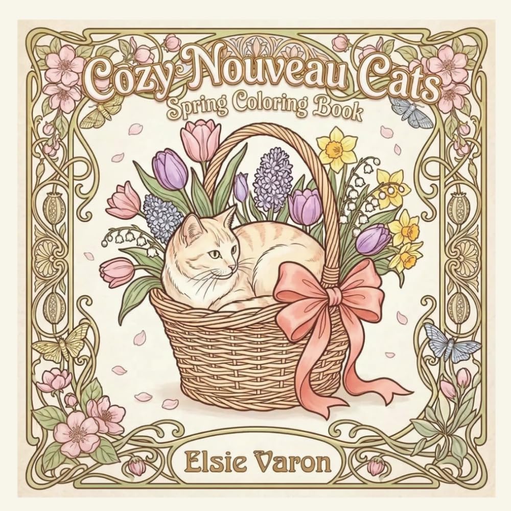 Cozy Nouveau Cats Spring Coloring Book: 40 Intricate Cat and Garden Designs for Adults — Spring Scenes with Cherry Blossoms, Butterflies, and Garden ... Nature Lovers (The Nouveau Paws Collection)