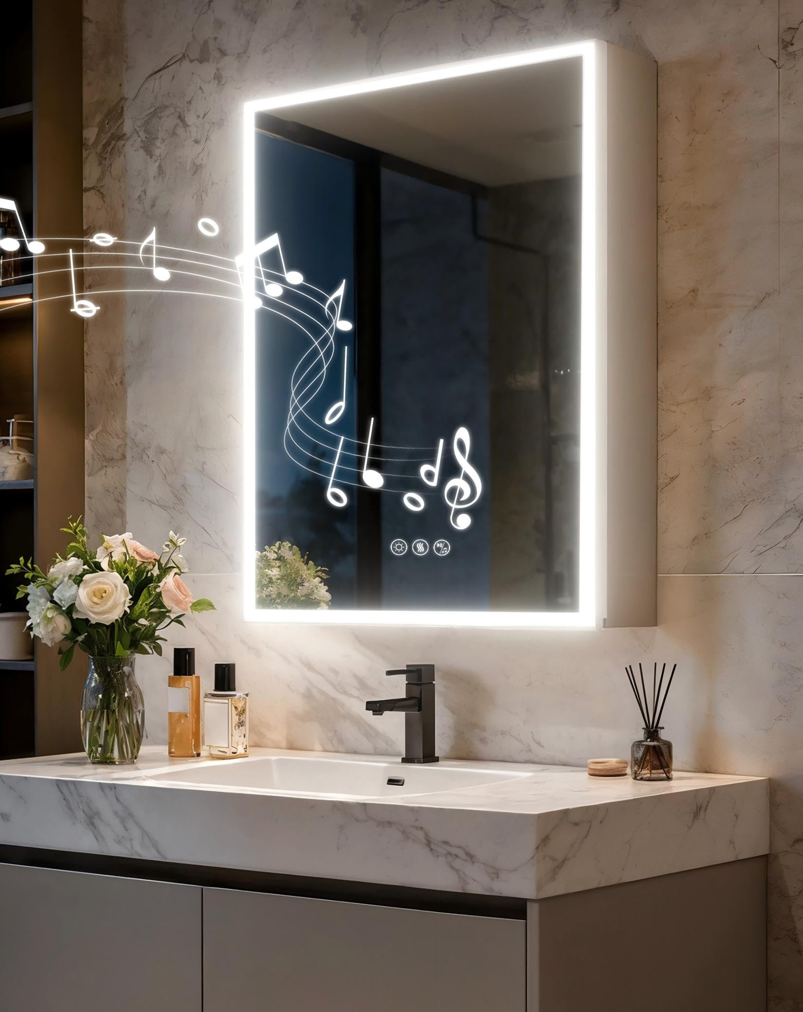 LUVODI Armoire à pharmacie avec miroir LED : cadre en aluminium anti-buée Bluetooth éclairé à l'avant 50,8 x 71,1 cm