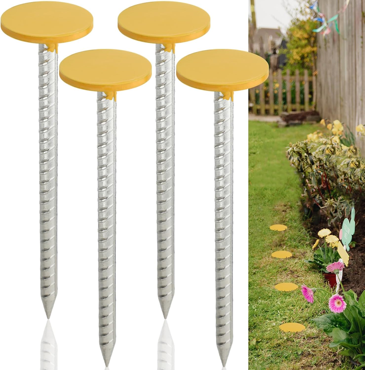 4 Pack 12 Inch Survey Marker Stakes Galvanized Rebar 1.35 lb Heavy Duty Hi Vis Property Line Marker Post for Paver Garden Lawn Landscape Edging Weed Barriers (Yellow)