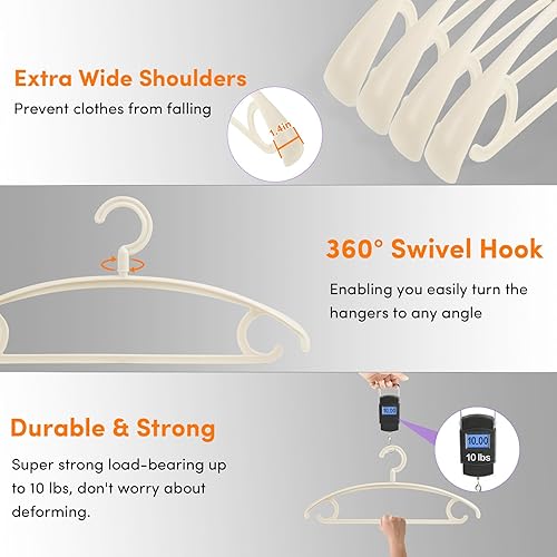 Miniatura 3 de Paquete de 20 perchas de plástico para ropa, extra gruesas, anchas, con gancho giratorio de 360, antideslizantes, ahorran espacio para trajes,
