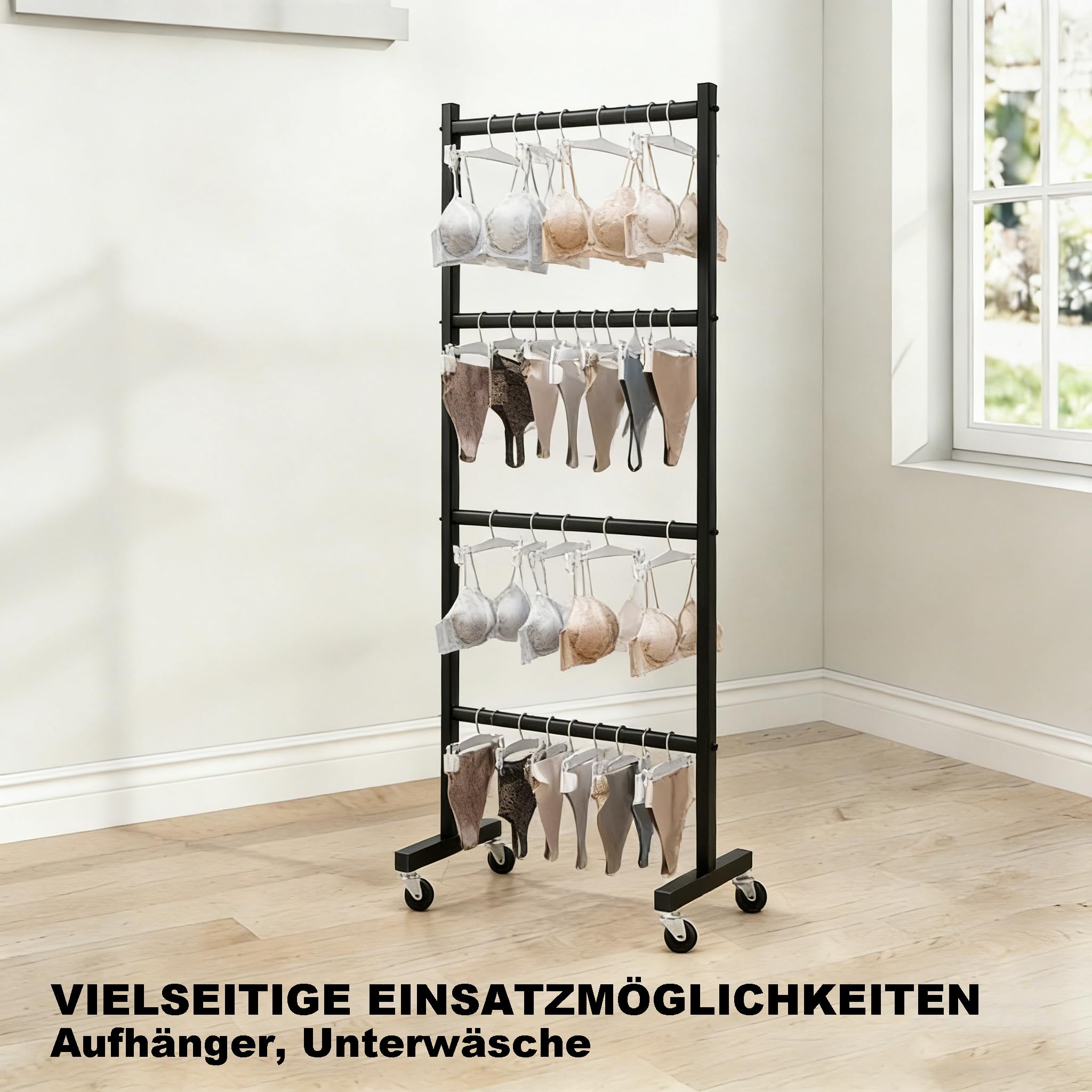 HJZALMI Organizador de Almacenamiento Portapercha 110 Perchas Ruedas | 4 Niveles De Almacenamiento Portaperchas Metálico Negro，Perchas Ruedas Giratorias 360° Silenciosas Con Freno