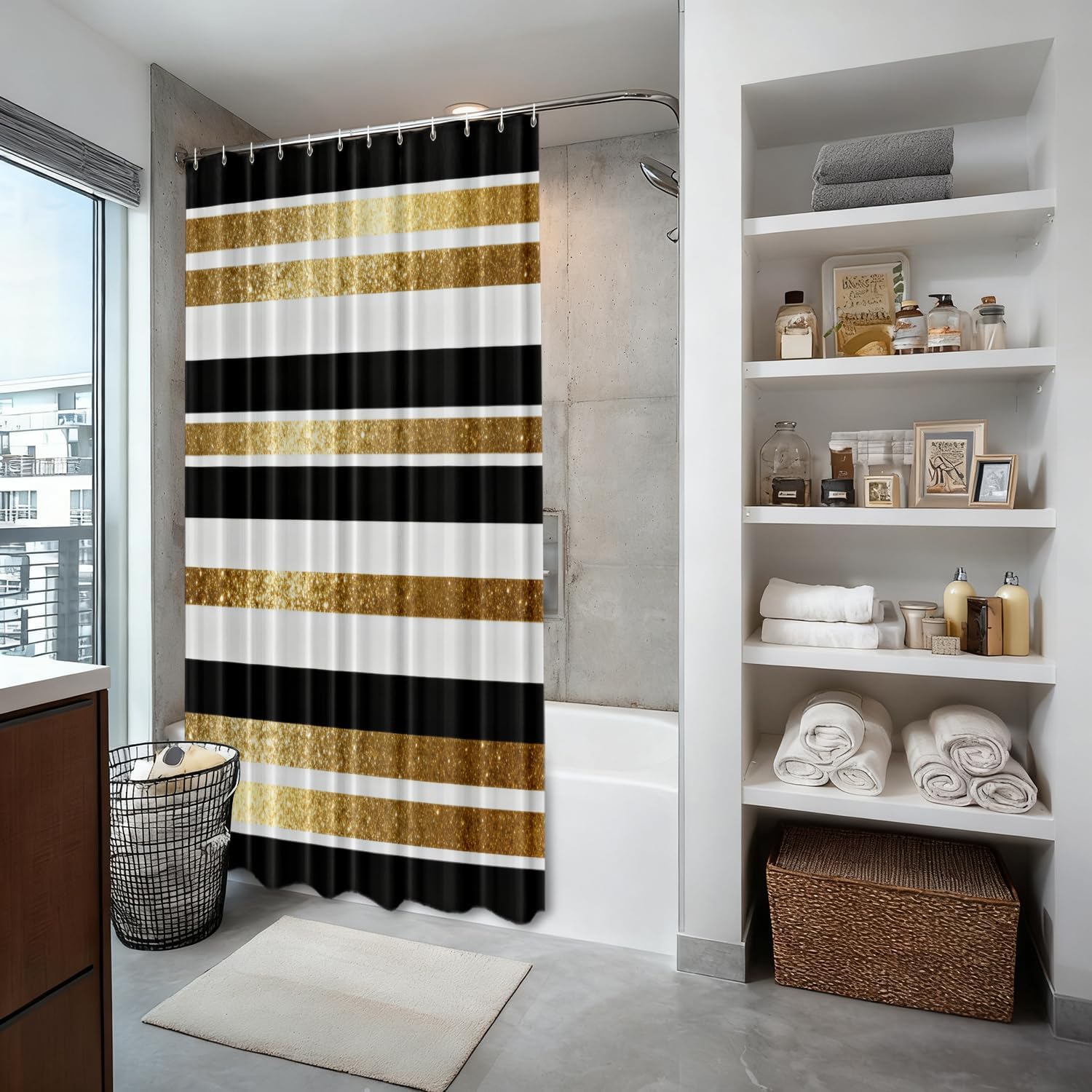 Shrahala Black Geometric Geometric Decorative Shower Curtain, White Abstract Ink Bathroom Décor Polyester Fiber Waterproof with Plastic Rings for Shower Stall Bathtubs 72 X 60 in