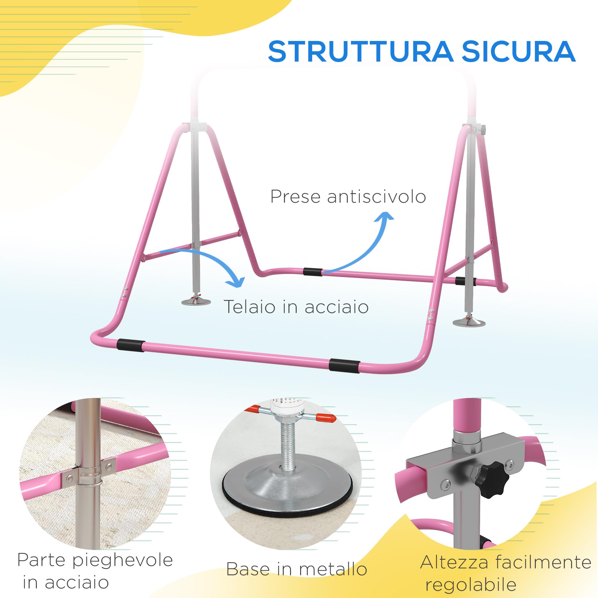 HOMCOM Sbarra per Trazioni Pieghevole per Bambini 3-8 Anni, Sbarra Ginnastica con Altezze Regolabili in 5 Posizioni e Struttura in Acciaio, 154x106.2x88.5-128.5cm, Rosa
